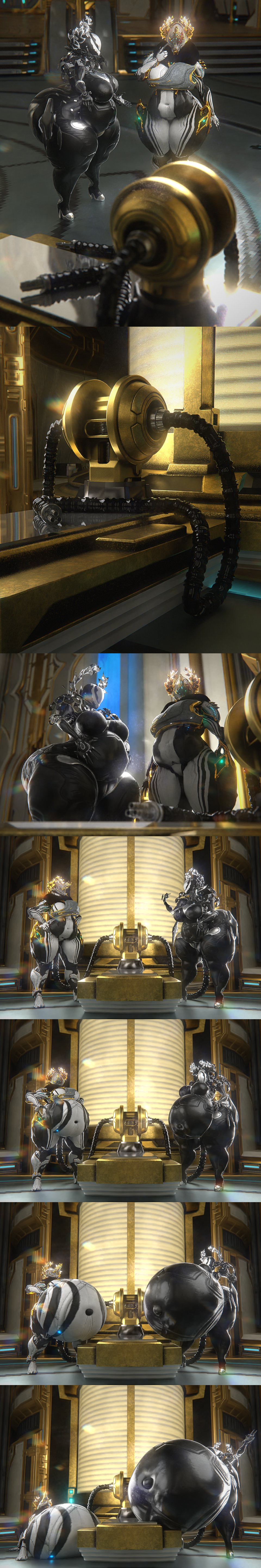 3d, 3d (artwork), ass, bbw, big ass, big belly, big breasts, breasts, bubble ass, bubble butt, chubby, cleavage, excalibur umbra (warframe), exposed internal machinery, female, huge ass, huge breasts, imminent inflation, inflation, irona (qzk forte), laurel crown, mag (warframe), overweight, qzk forte, rule 63, tagme, thick thighs, warframe, weight gain, wide hips