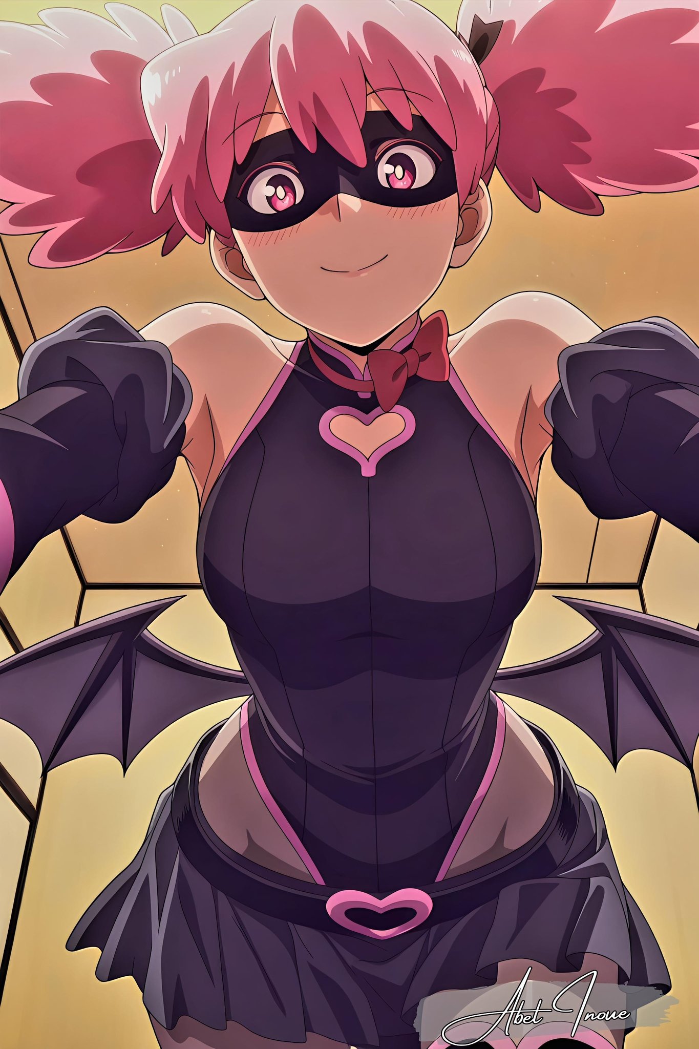 1girls, ai generated, bare shoulders, black suit, blush, bodysuit, bowtie, breasts, clothing, curvy, face mask, female, from above, haneyama kazuho, heart, heart symbol, high boots, kazuho haneyama, legwear, light skin, light-skinned female, looking at viewer, my hero academia, pink eyes, pink hair, pop step, skirt, sleeves, smile, smile at viewer, solo, solo female, solo focus, suit, thick thighs, tight clothing, vigilante: my hero academia illegals, wings