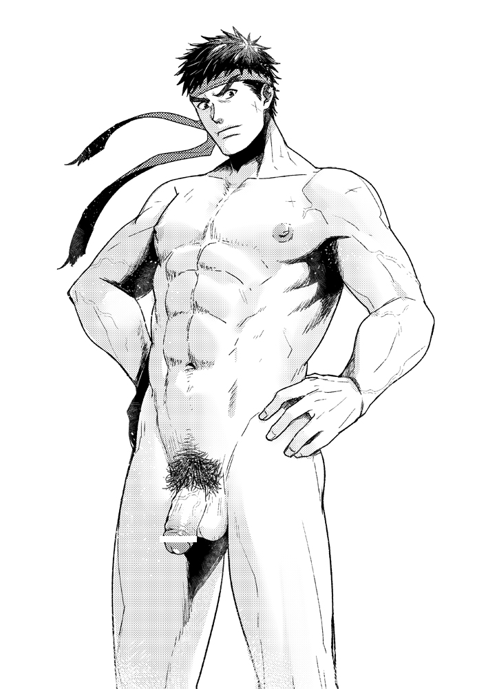 1boy abs bara censored flaccid flaccid_penis izumi_nekotsuki looking_at_viewer male male_only muscle muscles nude pecs penis ryu_(street_fighter) short_hair street_fighter testicles yaoi