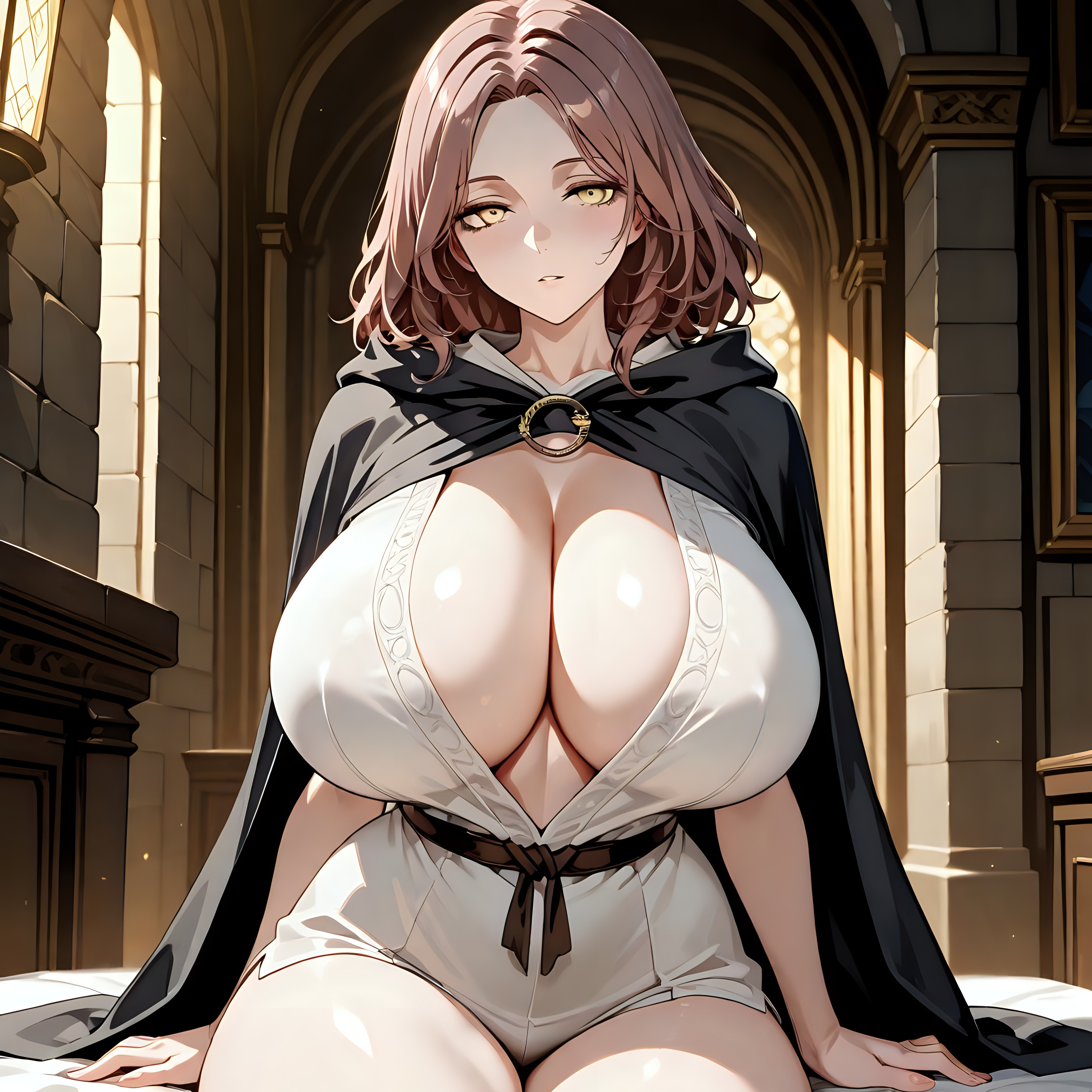 ai generated, big breasts, breasts, dress, elden ring, female, fromsoftware, large breasts, lokito778, melina (elden ring), thick thighs, yellow eyes
