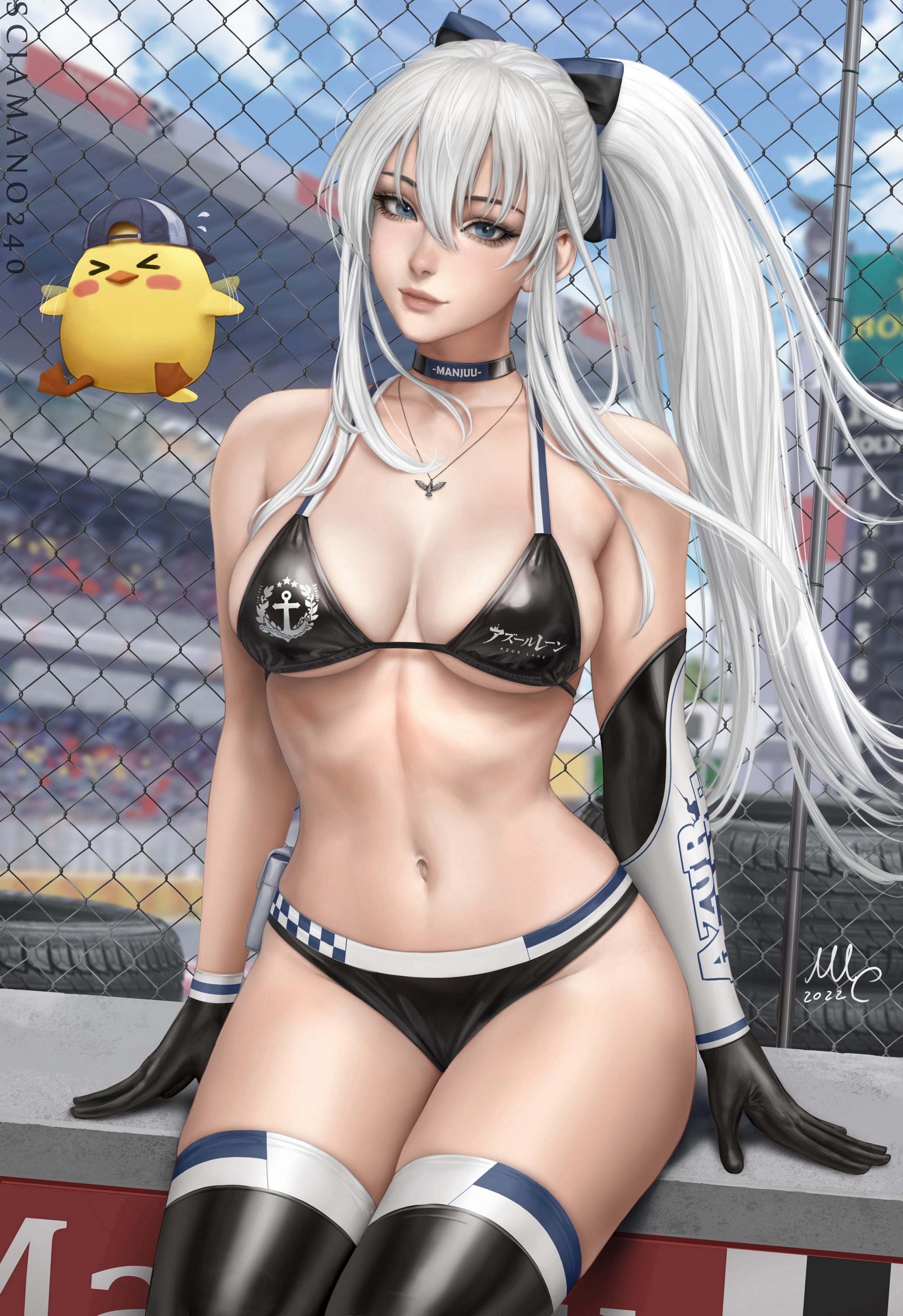 > <, artist name, azur lane, bare shoulders, bikini, bird, black bikini, black bow, black gloves, black thighhighs, blue eyes, blurry, blurry background, bow, breasts, cg, chain-link fence, choker, cleavage, collarbone, day, elbow gloves, enterprise (azur lane), enterprise (wind catcher) (azur lane), female, female torso, fence, gloves, grey hair, hair between eyes, hairbow, jewelry, large breasts, lips, long hair, looking at viewer, manjuu (azur lane), navel, necklace, official alternate costume, outdoors, ponytail, realistic, sciamano240, sidelocks, sitting, solo, stomach, swimsuit, thighhighs, thighs, toned, white hair
