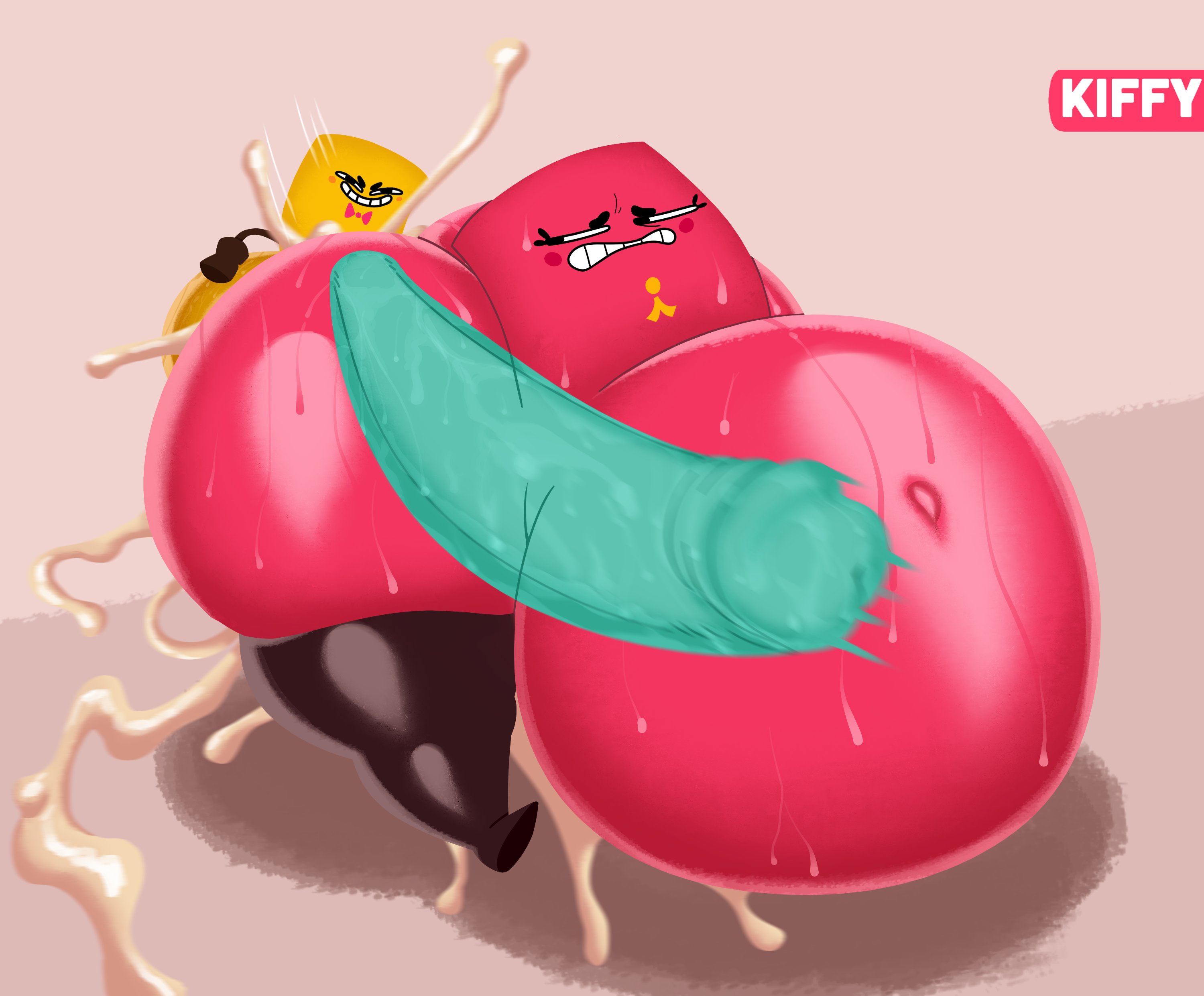1boy, 1girls, ass, ass bigger than body, balls, balls bigger than body, ballsack, belly bigger than body, bow tie, bowtie, clip (snipperclips), cum, cum in ass, cum inflated belly, cum inside, cum splatter, cumflated belly, cumflation, cumming, erect penis, erection, female, huge ass, huge balls, huge butt, huge cock, huge thighs, hyper, hyper ass, hyper balls, hyper belly, hyper butt, hyper cumflation, hyper genitalia, hyper penis, hyper testicles, hyper thighs, imminent sex, inflation, kiffy (artist), looking at another, looking at partner, looking back, male, massive ass, massive thighs, non-human, paper, penis, penis bigger than body, pink skin, small but busty, small but hung, snip (snipperclips), snipperclips, sweat, sweatdrop, sweating, testicles, thighs, tongue, tongue out, yellow body, yellow skin