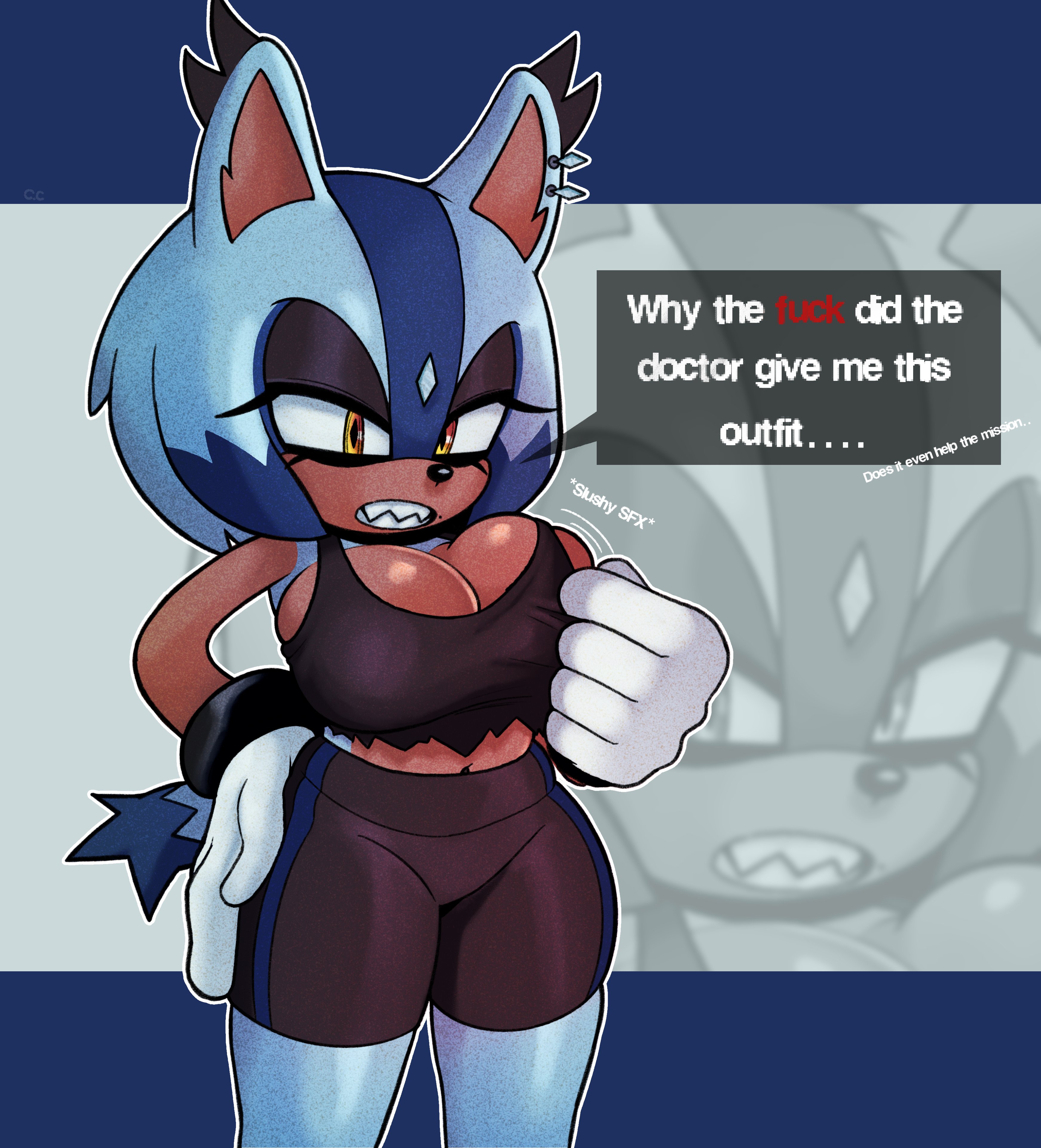anthro, big breasts, breasts, bursting breasts, champchidi, cleavage, curvy, curvy figure, ear tuft, female, lynx, mobian (species), mole, narrowed eyes, navel, oc, original character, sharp teeth, short hair, snap the lynx, sonic (series), sonic the hedgehog (series), tank top, two-tone fur, workout clothes