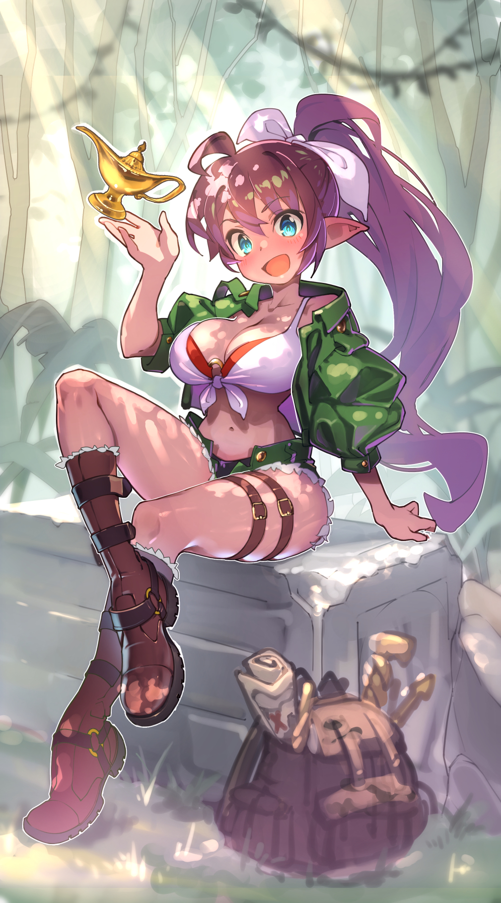 1girls, alternate costume, bag, blue eyes, blush, boots, bush, dark skin, dark-skinned female, female, green jacket, jacket, jungle, lamp, life is pi, long hair, looking at viewer, outdoors, pointy ears, ponytail, purple hair, shantae, shantae (character), shantae (relic hunter), shantae advance: risky revolution, sitting, smile, solo, very long hair, wayforward