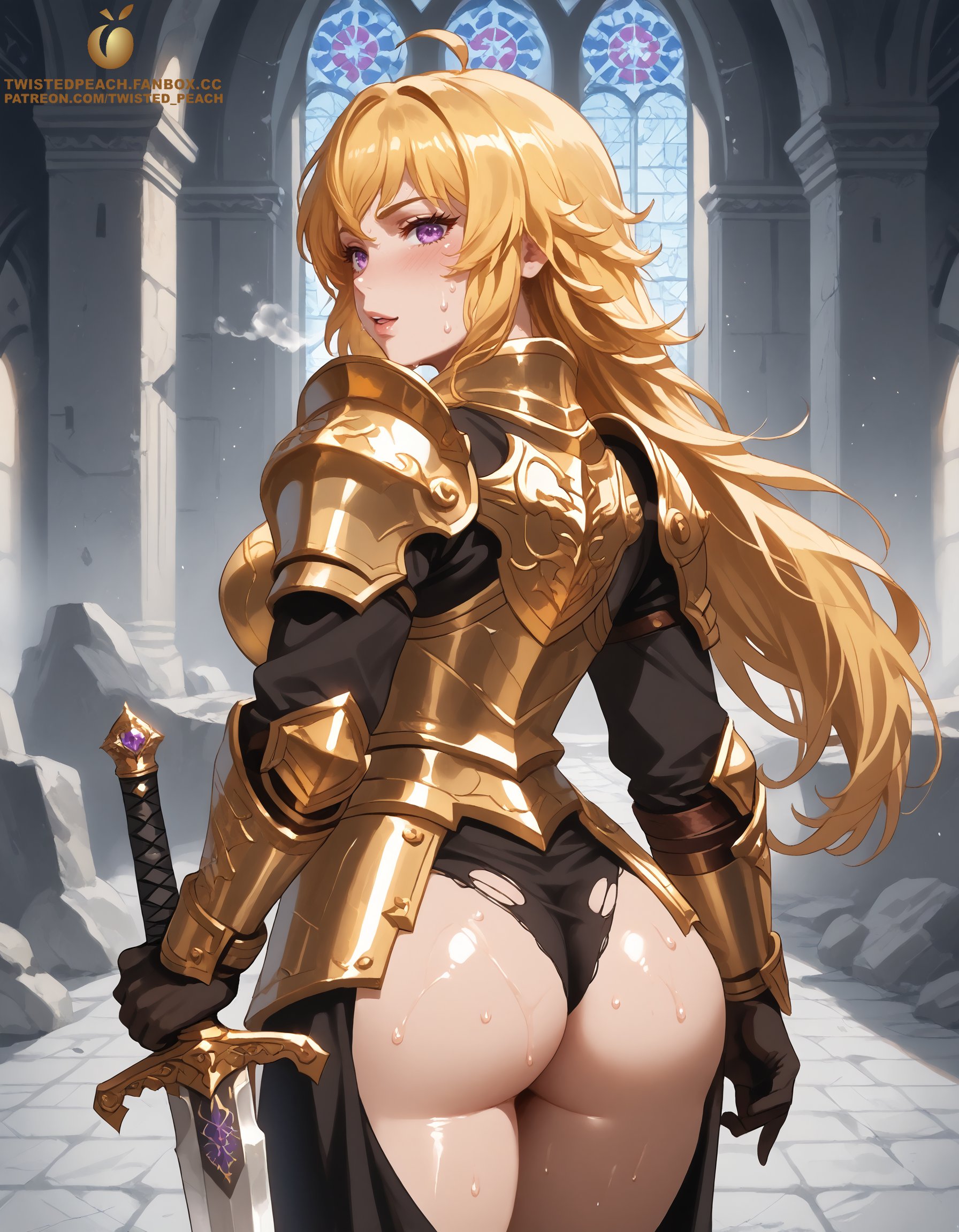 1girls, ahoge, ai generated, armor, armored female, ass, ass focus, big ass, big breasts, blonde hair, breasts, female, female only, holding weapon, knight, large ass, large butt, large thighs, light-skinned female, long hair, looking at viewer, looking back, plate armor, purple eyes, rwby, solo, sweat, sweating, sweaty, sword, tagme, thick ass, thick thighs, thigh focus, twistedpeach, visible breath, yang xiao long