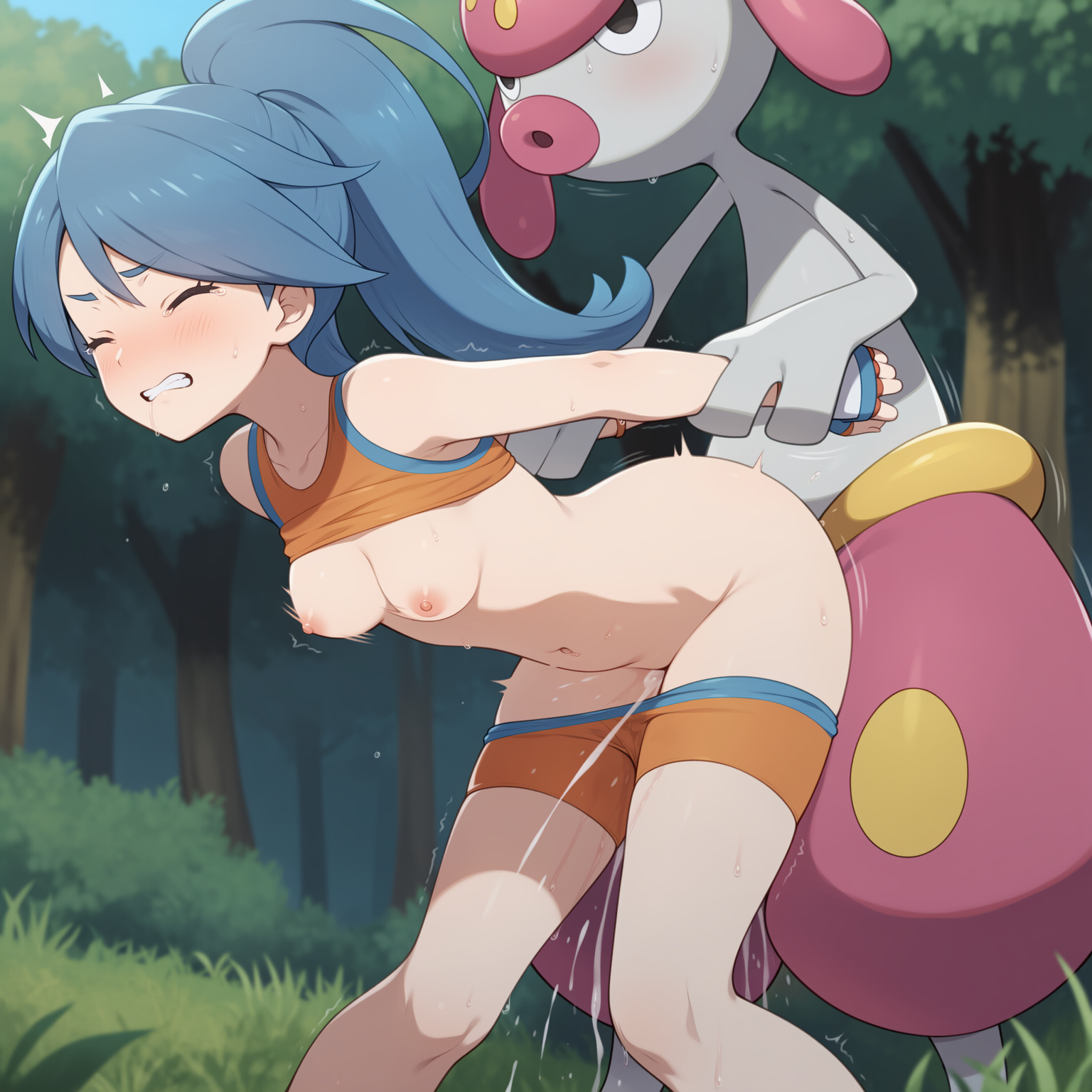 1boy, 1girls, ai generated, arm grab, arms held back, battle girl (pokemon oras), battle girl (pokemon), bent over, blue hair, breasts, breasts out, clenched teeth, closed eyes, clothed sex, female, fingerless gloves, functionally nude, gloves, human, male, male pokemon/female human, male/female, medicham, motorcycle position, npc trainer, outdoors, parkinson (ai artist), partially clothed, pokemon, pokemon (species), pokemon oras, pokemon rse, pokephilia, pussy, pussy juice, rape, sex, sex from behind, shirt lift, shirt up, shorts, shorts down, standing doggy style, standing sex