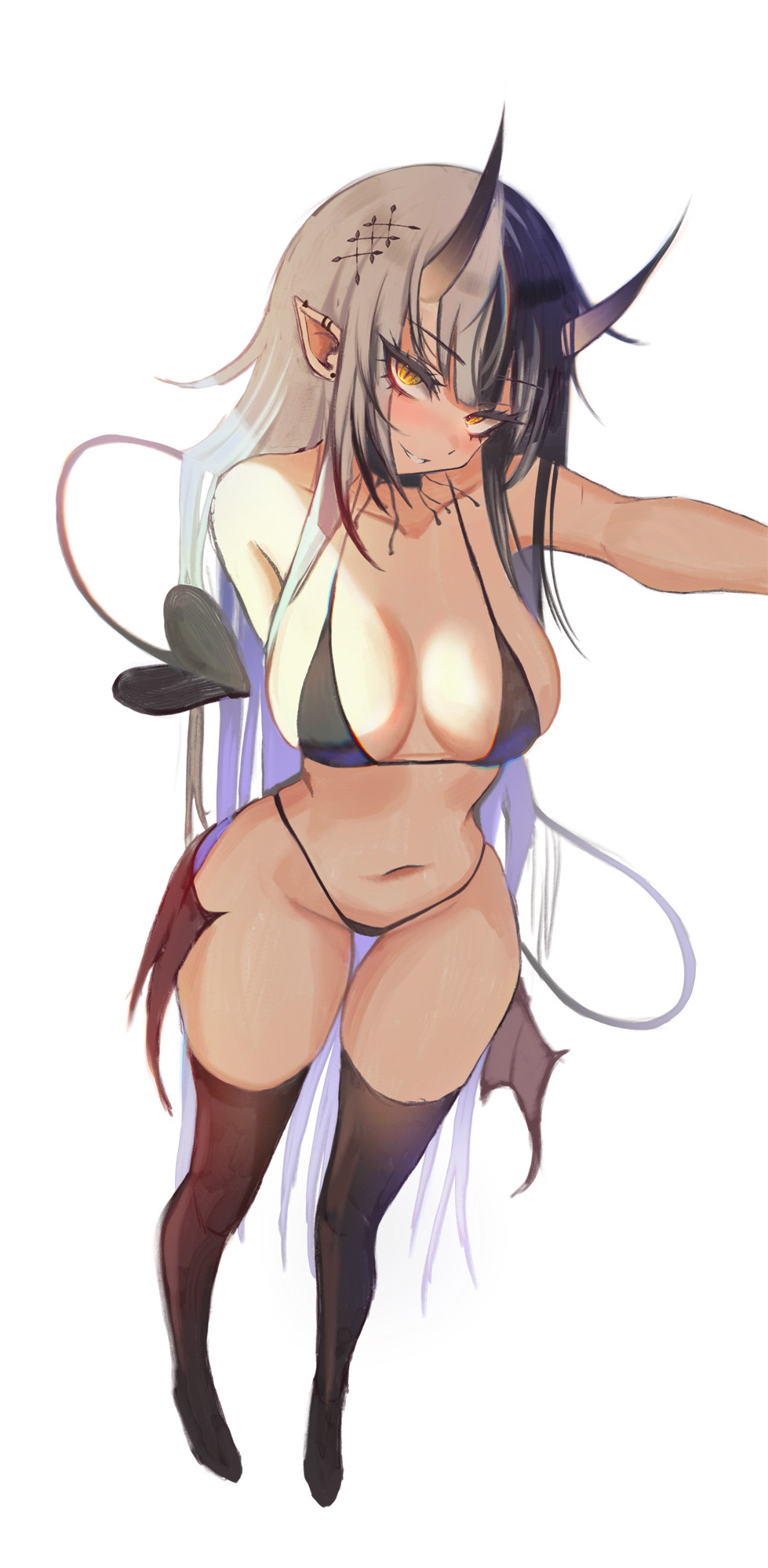 1girls, adult, adult female, bare armpits, bare belly, bare chest, bare hips, bare midriff, bare navel, bare shoulders, bare thighs, belly, belly button, bewitching thighs, big breasts, bikini, bikini bottom, bikini top, black bikini, black bikini bottom, black bikini top, black hair, black legwear, black stockings, black string bikini, black swimsuit, black swimwear, black thigh highs, black thighhighs, black-haired female, breasts, busty, busty female, child bearing hips, collarbone, curvaceous, curvaceous body, curvaceous female, curvaceous figure, curvaceous hips, curvaceous thighs, curvy, curvy body, curvy female, curvy figure, curvy hips, curvy thighs, demon girl, demon horns, demon tail, digital drawing, digital media, ear piercing, ear piercings, elbows, exposed armpits, exposed arms, exposed belly, exposed chest, exposed hips, exposed midriff, exposed navel, exposed shoulders, exposed skin, exposed thighs, eyebrows visible through hair, female, female focus, female only, grin, groin, halterneck, head tilt, high resolution, highres, hololive, hololive english, hololive english -advent-, horn, horns, hourglass figure, knees, large boobs, large breasts, lean figure, legwear, long hair, looking at viewer, mature, mature female, midriff, multicolored hair, narrow waist, navel, parted lips, pierced ear, pierced ears, plump breasts, pointy ears, s7nsles, shiori novella, shoulders, simple background, slender body, slender waist, slim waist, smile, smiley face, smiling at viewer, solo, standing, stockings, string bikini, swimsuit, swimwear, thick thighs, thigh highs, thighhighs, thighs, thong bikini, tilted head, very long hair, very long-haired female, virtual youtuber, white background, white hair, white-haired female, wide hips, yellow eyes, yellow-eyed female