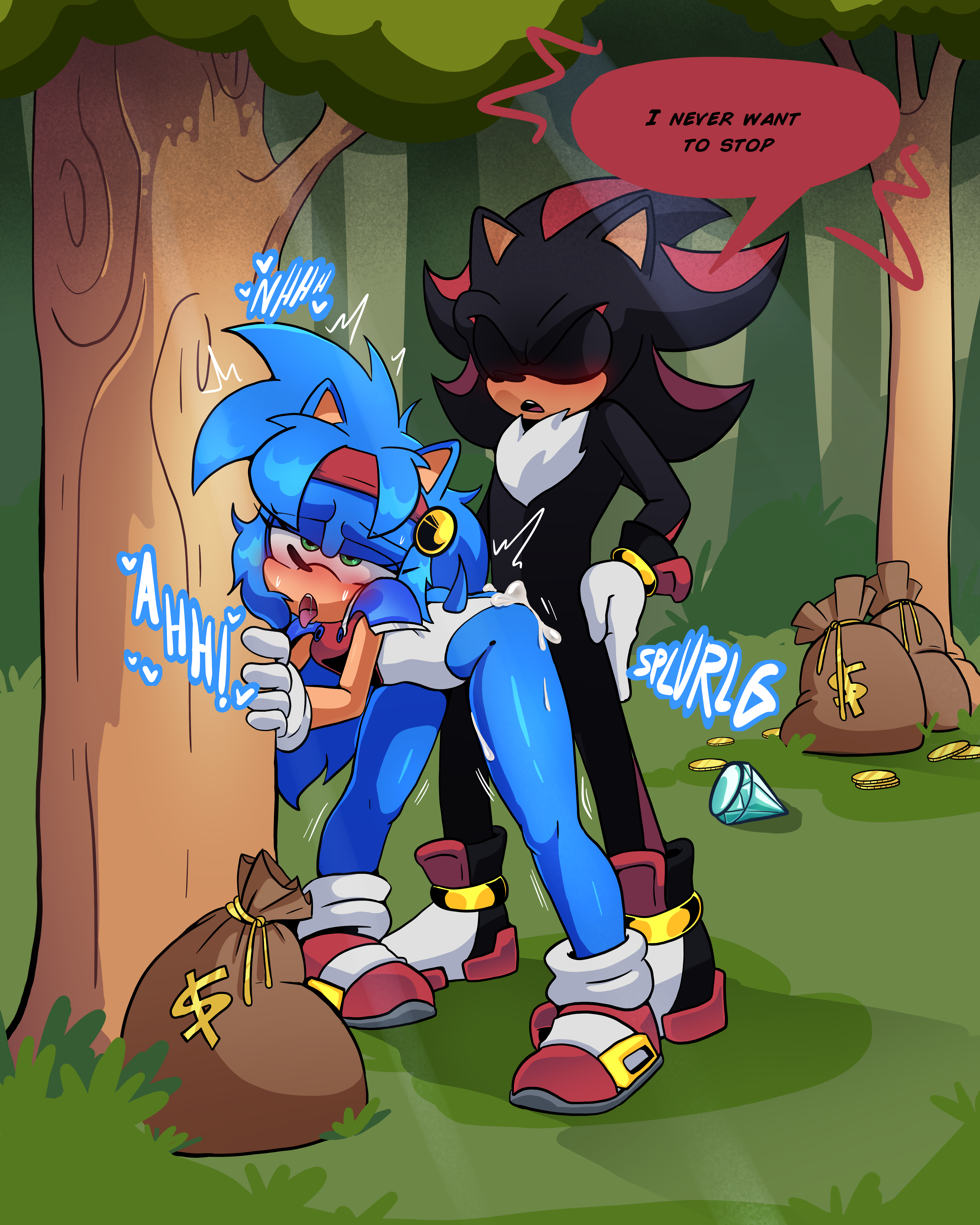 absurd res, anthro, armor, ass, big butt, black body, black fur, blue body, blue fur, blush, bodily fluids, clothed, clothing, cum, cum in vagina, cum inside, cum while penetrated, doggy style, duo, english text, eulipotyphlan, fan character, female, female penetrated, footwear, forest, forest background, forest sex, from behind position, fur, genital fluids, gloves, green eyes, hair, handwear, headgear, hedgehog, hi res, leotard, male, male penetrating, male penetrating female, male/female, mammal, moan, money, money bag, nature, nature background, penetration, plant, popful mail, pussy, sega, selena the popful hedgehog, sex, shadow the hedgehog, shoes, sonic (series), sonic the hedgehog (series), text, tree, xao art