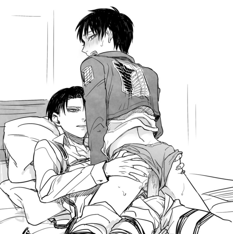 2boys, anal, ass, attack on titan, blush, clothed sex, cum, cum in ass, cum while penetrated, cumdrip, eren jaeger, gay, indoors, levi ackerman, looking at viewer, male, male only, male/male, monochrome, naughty face, penis, riding, sex, shingeki no kyojin, straddling, tagme, underwear, undressing, wince, yaoi