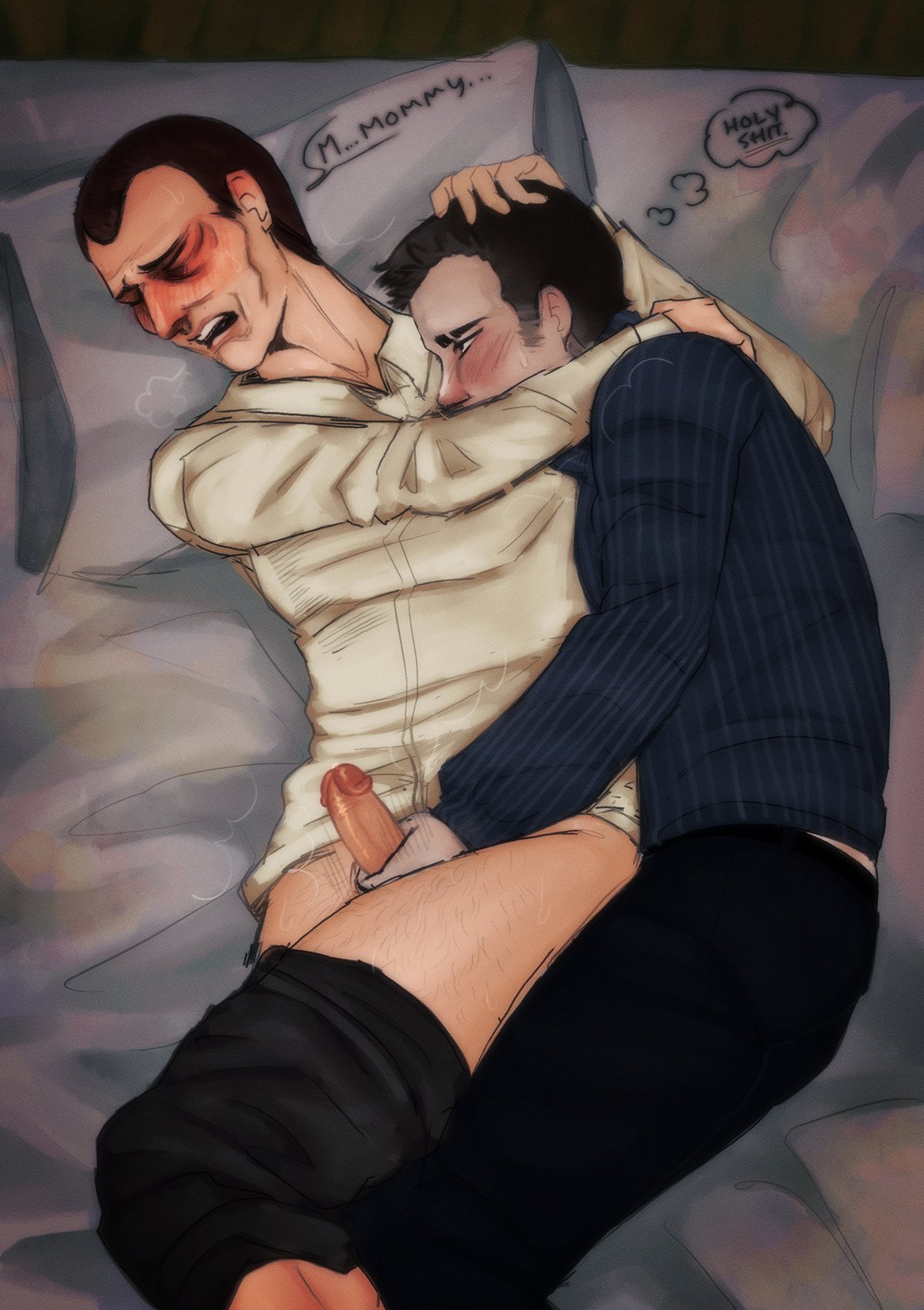 2boys, adorable, anderswasright6, bar guy (no, i'm not a human), blush, breath, comforting, dark hair, english text, erection, gay, hand on another's head, handjob, looking pleasured, male, male only, masculine, mature, mature male, mommy kink, no, i'm not a human, on bed, pants down, penis, protagonist (no, i'm not a human), uncensored, very short hair, yaoi
