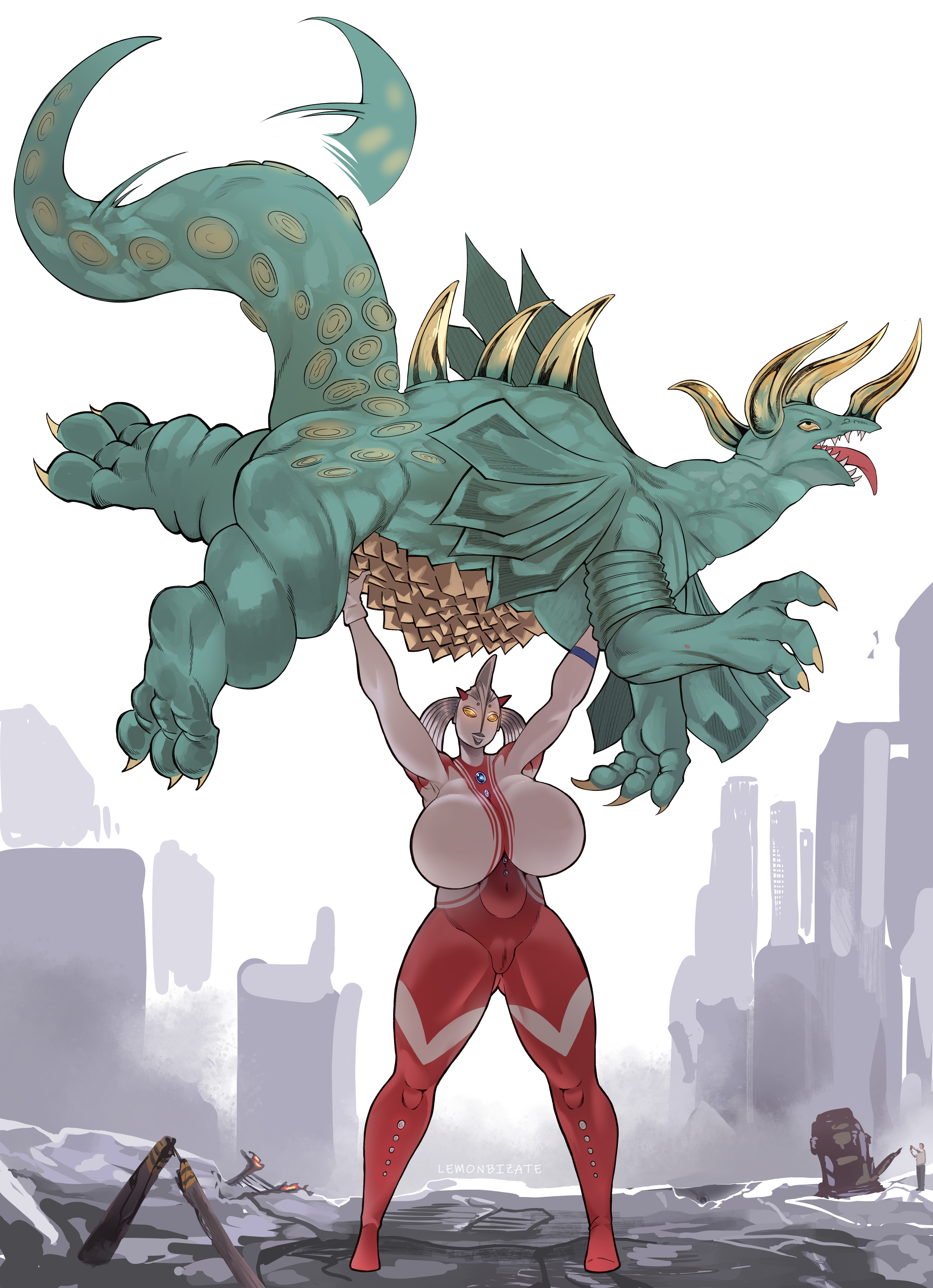 big breasts, breasts, breasts bigger than head, cosmos liquid (ultraman taro), defeated, female, giantess, heroine, huge breasts, kaiju, lemonbizate (artist), lifting, mature female, monster, mother of ultra, nude, nude female, pose, posing, pussy, superheroine, thick, thick thighs, ultraman (franchise), venus body, villain, voluptuous