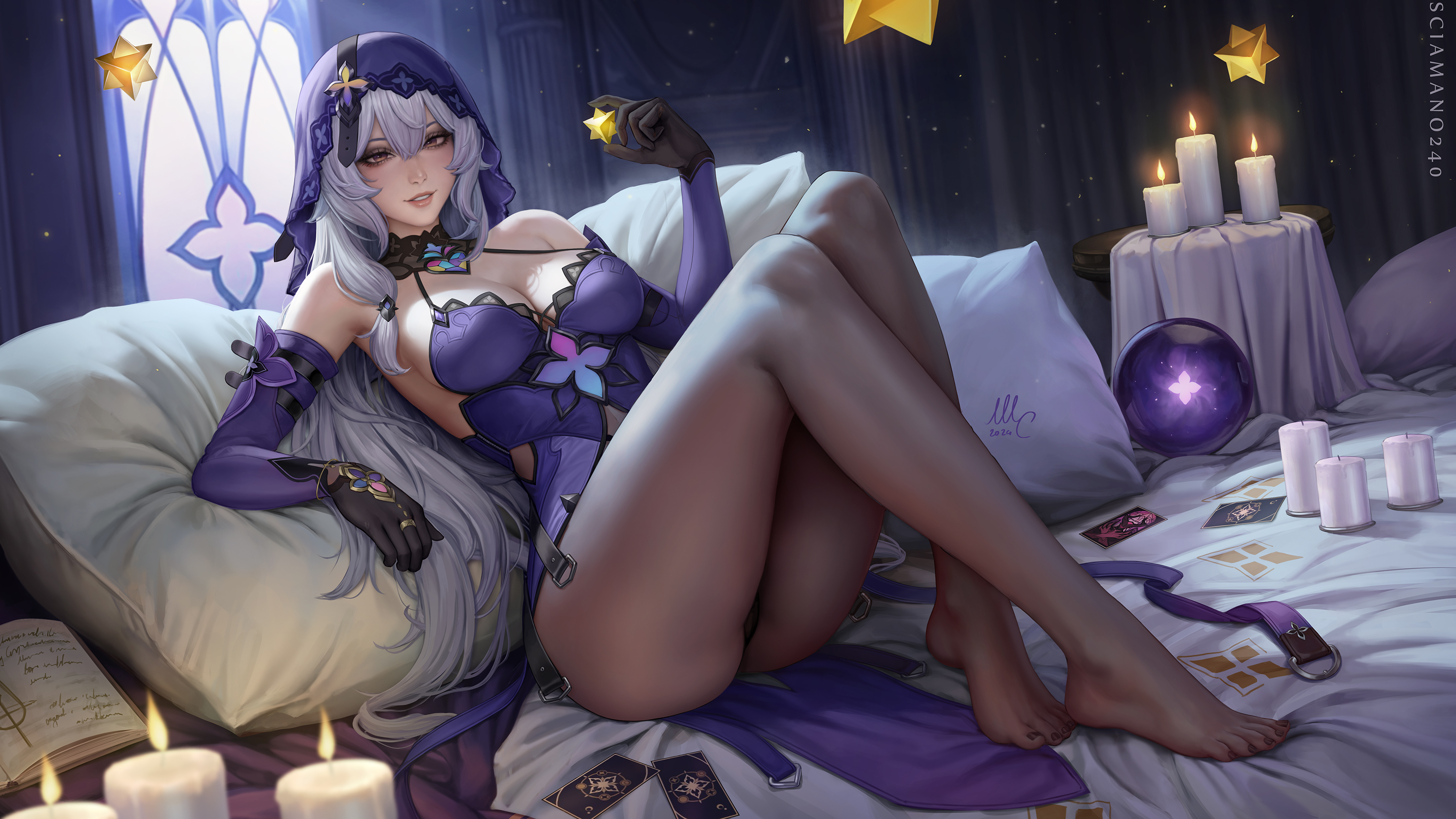 artist name, ass, bare shoulders, black gloves, black swan (honkai: star rail), book, breasts, candle, card, cg, cleavage, dress, elbow gloves, feet, female, gloves, grey hair, hair between eyes, holding, holding card, honkai: star rail, indoors, large breasts, legs, long hair, looking at viewer, no shoes, panties, pantyhose, parted lips, pillow, purple dress, sciamano240, sitting, smile, solo, thighs, toes, underwear, veil, very long hair
