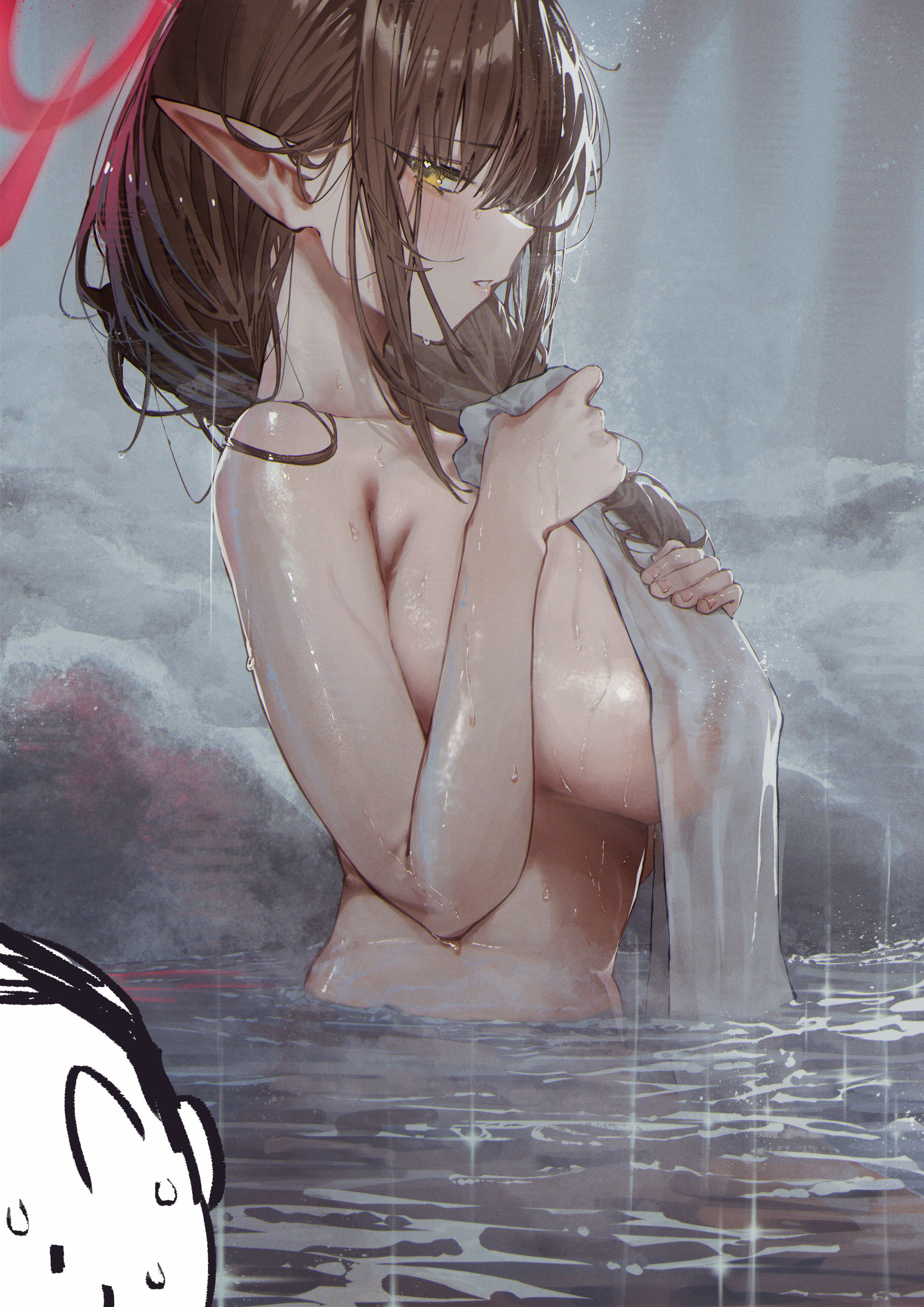 bathing, betabeet, big breasts, blue archive, blush, breasts, chinatsu (blue archive), chinatsu (hot spring) (blue archive), covering breasts, doodle sensei (blue archive), elf ears, female, gehenna academy student, halo, high resolution, highres, huge breasts, pointed ears, prefect team (blue archive), sensei (blue archive), short hair, sideboob, sweatdrop, video game character, water, wet, yellow eyes