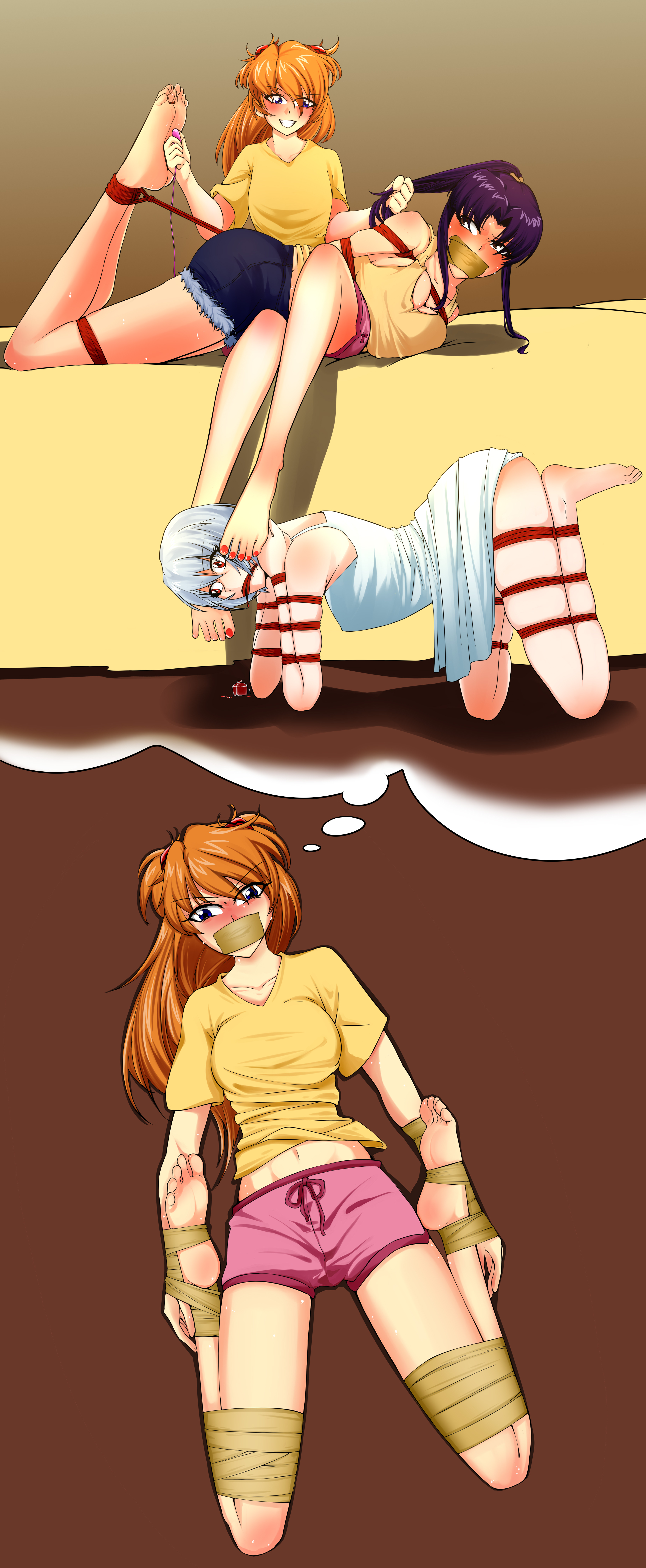 absurdres, age difference, angry, applying pedicure, asuka langley sohryu, ayanami rei, bare legs, barefoot, blue hair, blush, bondage, bound, cosmetics, domination, feet, female, female only, femsub, gag, gagged, grabbing another's hair, highres, hogtie, holding another's hair, improvised gag, katsuragi misato, misato katsuragi, multiple females, multiple girls, nail polish, nail polish bottle, neon genesis evangelion, numbery, orange hair, painting nails, pet play, petplay, purple hair, rei ayanami, rope, sex toy, smile, souryuu asuka langley, tagme, tape, tape gag, toenail polish, toenails, vibrator