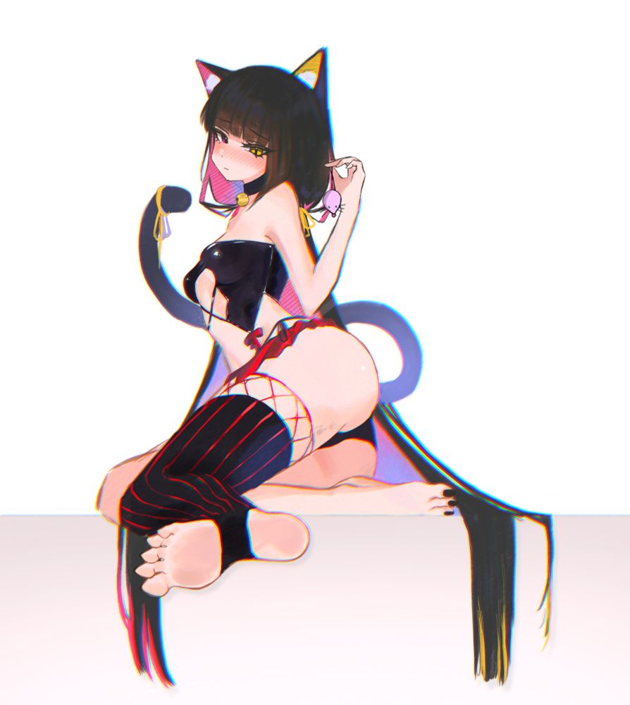 1girls, animal ear fluff, animal ears, ass, belly, black hair, black nail polish, black nails, black toenail polish, black toenails, black-haired female, blush, blush face, blushing at viewer, blushing female, blushing lines, breasts, cat girl, catgirl, digital, digital art, digital drawing, digital drawing (artwork), digital media, digital media (artwork), elbows, emarrassed, embarrassed expression, embarrassed female, eyebrows visible through hair, feet, female, female focus, female only, fingers, flustered, flustered female, foot fetish, foot focus, full body, head tilt, high resolution, highres, lean figure, legs, long hair, looking at viewer, midriff, multicolored hair, nail polish, nails, narrow waist, original, original art, original artwork, original character, pink hair, pink-haired female, s7nsles, shoulders, simple background, sitting, slender body, slender waist, slim waist, small breasts, soles, solo, stirrup legwear, stirrup stockings, stirrup thighhighs, thighs, tilted head, toenail polish, toenails, toes, very long hair, very long-haired female, white background