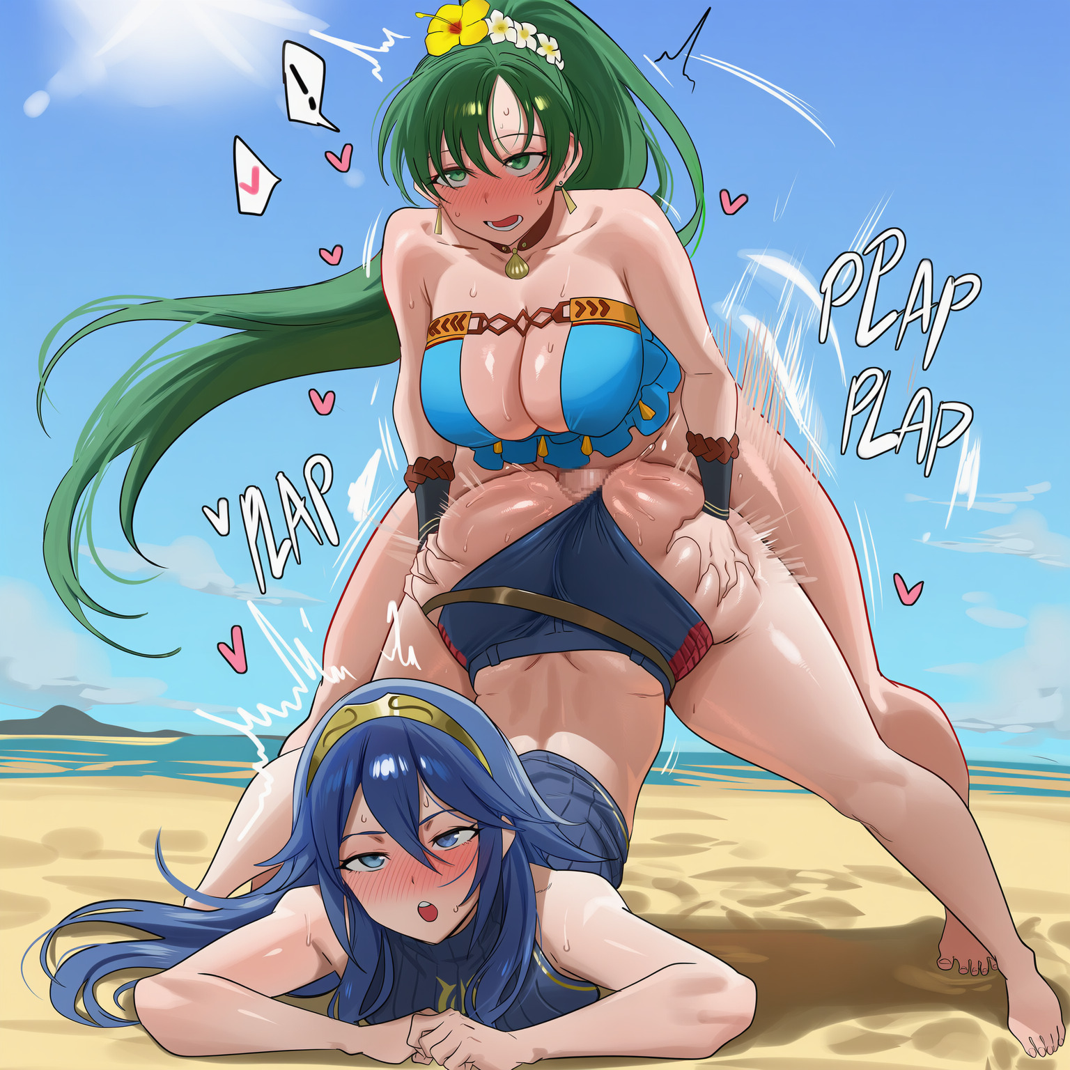 2girls, ai generated, anal, anal sex, ass, ass grab, beach, big ass, breasts, female, fire emblem, futanari, grabbing another's ass, huge ass, intersex, large breasts, lucina (fire emblem), lulu (patreon), luluchann, lyn (fire emblem), on sand, penis, sagging breasts, sex, sex from behind