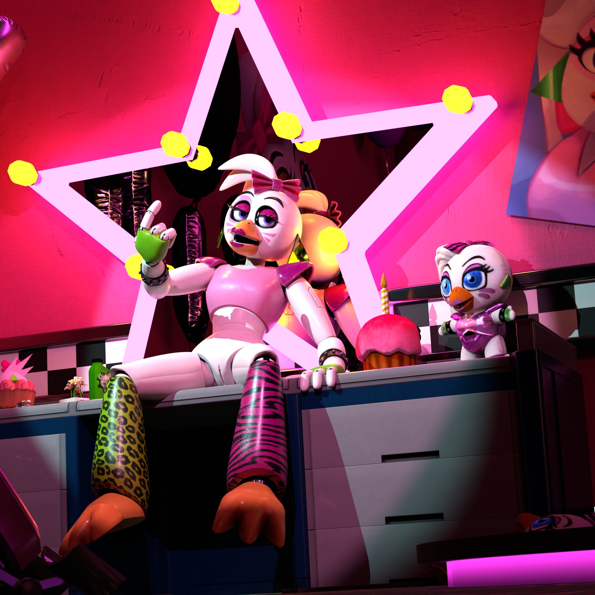 3d, 3d (artwork), accurate art style, accurate model, ashleyorange, avian, avian humanoid, beak, bottomless, female, five nights at freddy's, five nights at freddy's: security breach, glamrock chica (fnaf), mega pizzaplex, purple eyes, pussy, robot, robot girl, robot humanoid, sitting, solo, vagina, vesperisonline