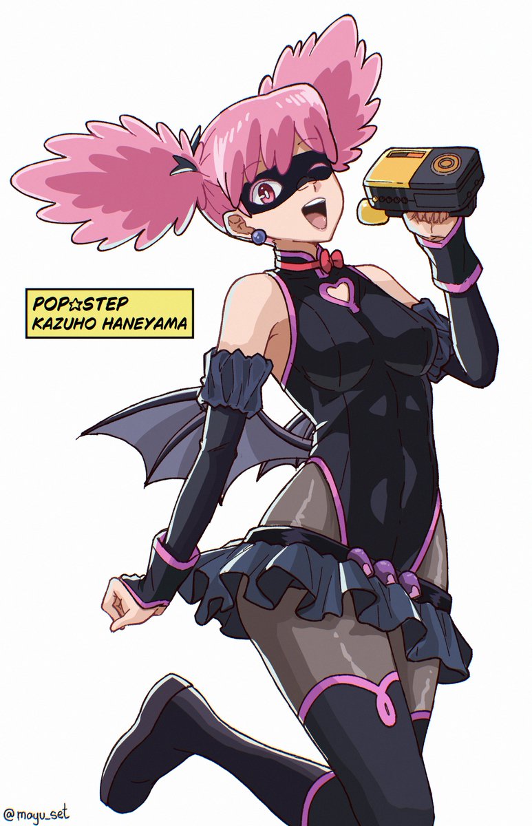 1girls, bare shoulders, black suit, bodysuit, bowtie, breasts, clothing, curvy, dancing, eye closed, face mask, female, from above, haneyama kazuho, happy, heart, heart symbol, high boots, kazuho haneyama, legwear, light skin, light-skinned female, looking at viewer, mayu sketch, microphone, my hero academia, one eye closed, open mouth, pink eyes, pink hair, pop step, singing, skirt, sleeves, smile, smile at viewer, solo, solo female, solo focus, suit, thick thighs, tight clothing, vigilante: my hero academia illegals, wings
