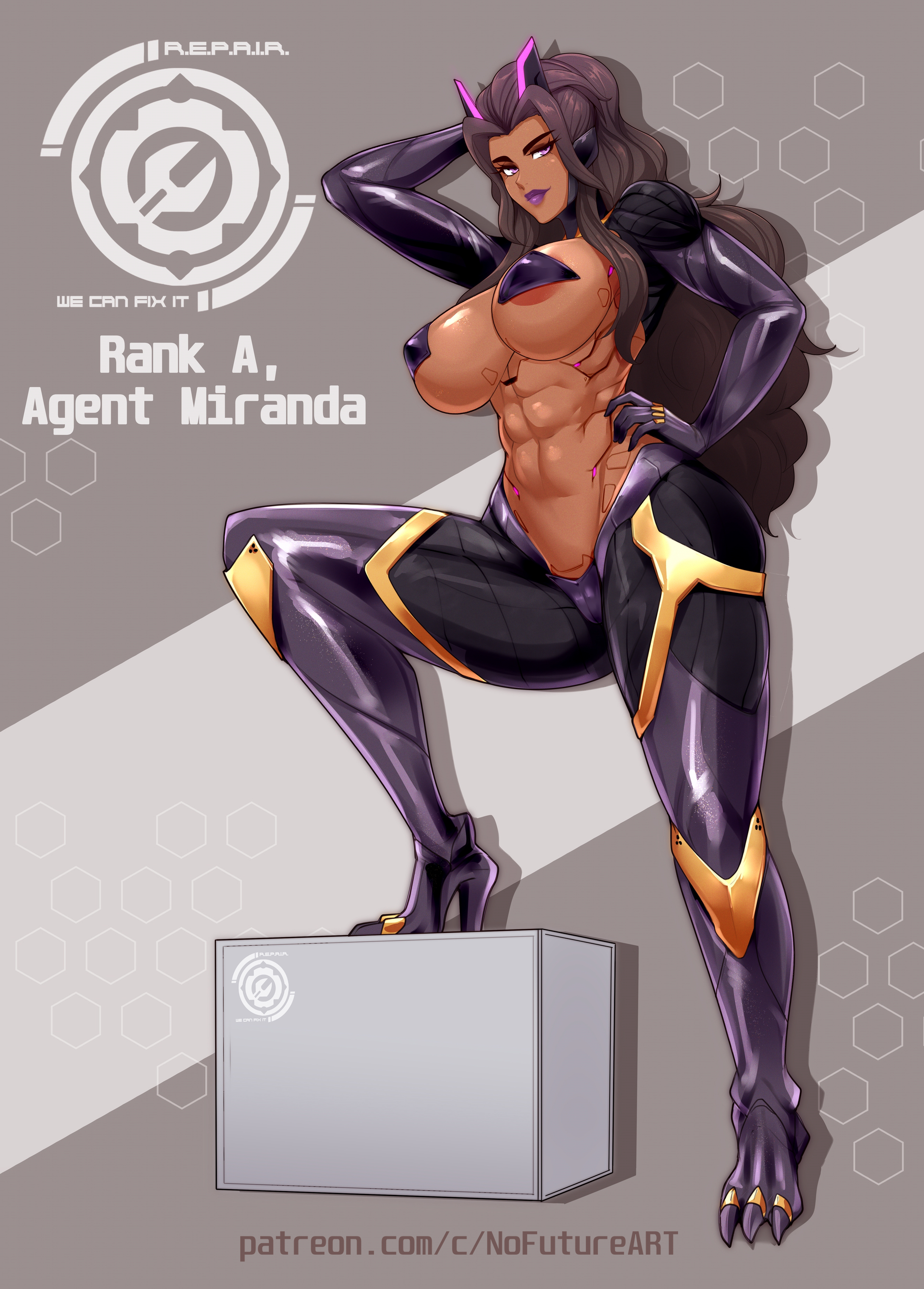 1girls, abs, agent miranda (omega processor), areola slip, armor, big breasts, bodysuit, breasts, brown hair, commission, dark skin, dark-skinned female, english text, female, female only, hand behind head, hand on hip, heels, hi res, long hair, looking at viewer, muscular, muscular female, nipple pasties, nofuture, purple eyes, purple lipstick, solo, text