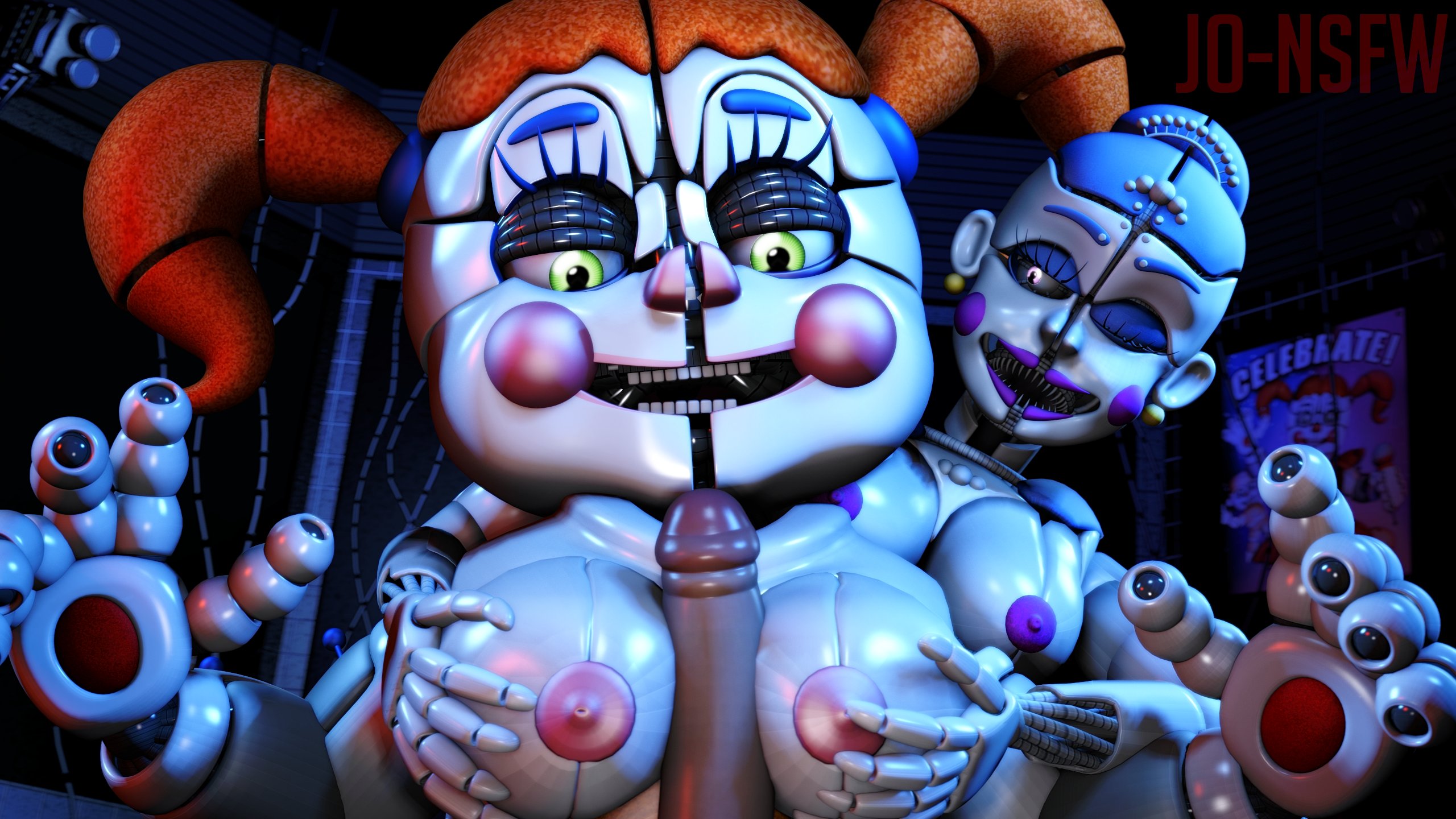 2girls, 3d, 3d (artwork), accurate model, baby (fnafsl), ballora, ballora (fnafsl), big breasts, boobjob, breasts, circus baby, circus baby (fnaf), circus baby (original), female, five nights at freddy's, five nights at freddy's: sister location, full color, green eyes, male, nipples, nude, nude female, orange hair, paizuri, penis, penis between breasts, pink nipples, purple lipstick, purple nipples, robot, robot girl, robot humanoid, somethingshrimpii, straight, titjob, twintails, white skin