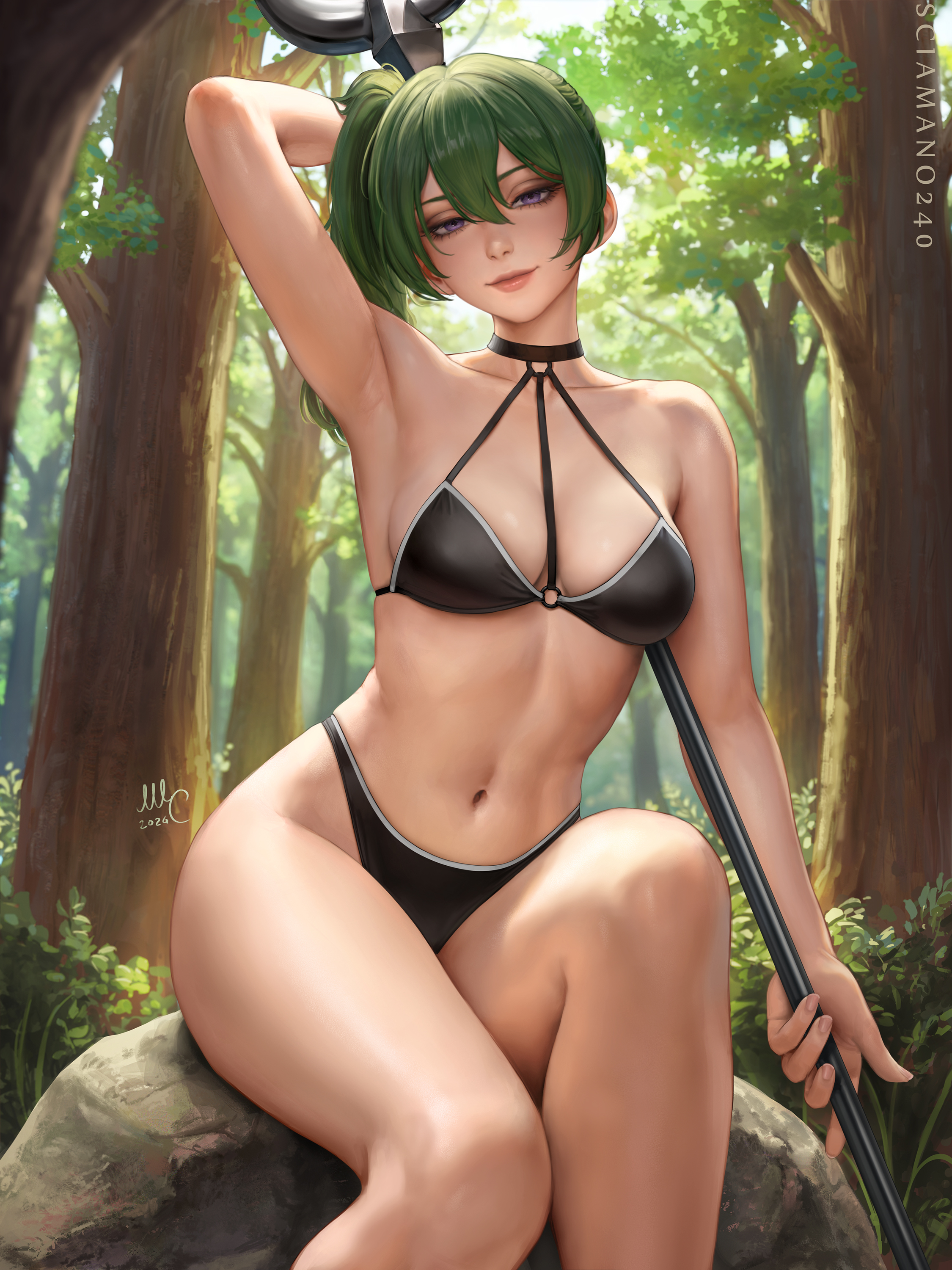 arm behind head, arm up, armpits, artist name, bare shoulders, bikini, black bikini, breasts, cg, choker, cleavage, collarbone, day, female, female only, forest, green hair, hair between eyes, holding, holding polearm, holding weapon, lips, long hair, looking at viewer, medium breasts, nature, navel, o-ring, o-ring bikini, outdoors, polearm, purple eyes, revealing clothes, rock, sciamano240, side ponytail, signature, sitting, smile, solo, sousou no frieren, spear, stomach, swimsuit, thighs, tree, ubel (sousou no frieren), weapon