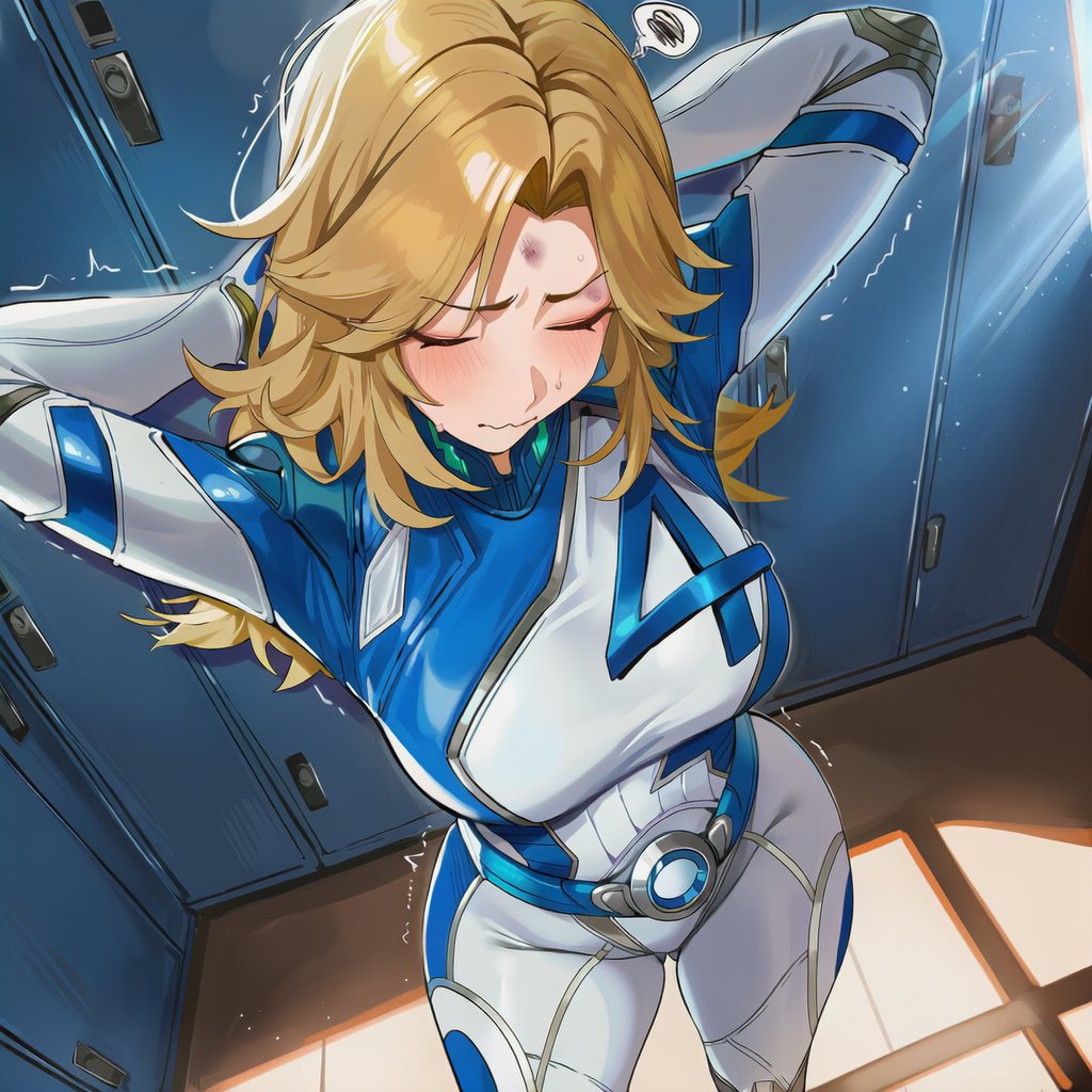 ai generated, blonde hair, closed eyes, fantastic four, female, henrik n, heroine, invisible woman, invisible woman (marvel rivals), locker room, marvel, marvel comics, marvel rivals, perspective, stretching, sue richards, sue storm