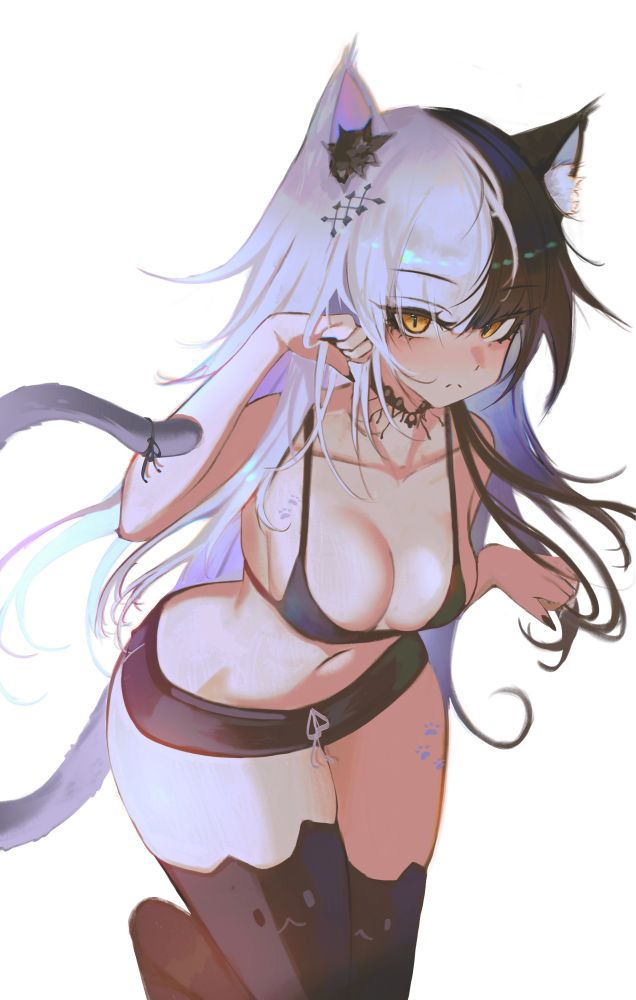 1girls, animal ear fluff, animal ears, animal tail, bare arms, bare belly, bare chest, bare hands, bare midriff, bare navel, bare shoulders, bare skin, belly, belly button, bikini, bikini top, black bikini, black bikini top, black choker, black fingernails, black hair, black legwear, black nail polish, black nails, black shorts, black stockings, black string bikini, black swimsuit, black swimwear, black thigh highs, black thighhighs, black-haired female, blank expression, blank eyes, blank stare, breasts, cat ears, cat tail, choker, cleavage, collarbone, curvaceous body, curvaceous female, curvaceous hips, curvy, curvy body, curvy female, curvy figure, curvy hips, digital drawing, digital media, elbows, emotionless, exposed arms, exposed belly, exposed chest, exposed midriff, exposed navel, exposed shoulders, exposed skin, eyebrows visible through hair, female, female focus, female only, fingernails, fingers, halterneck, high resolution, highres, hololive, hololive english, hololive english -advent-, hourglass figure, lean figure, leaning forward, legwear, long hair, looking at viewer, medium breasts, midriff, multicolored hair, nail polish, nails, narrow waist, navel, neutral expression, s7nsles, shiori novella, shorts, shoulders, simple background, slender body, slender waist, slim waist, solo, standing, stockings, string bikini, swimsuit, swimwear, thick thighs, thigh highs, thighhighs, thighs, upper body, virtual youtuber, white background, white hair, white-haired female, wide hips, yellow eyes, yellow-eyed female