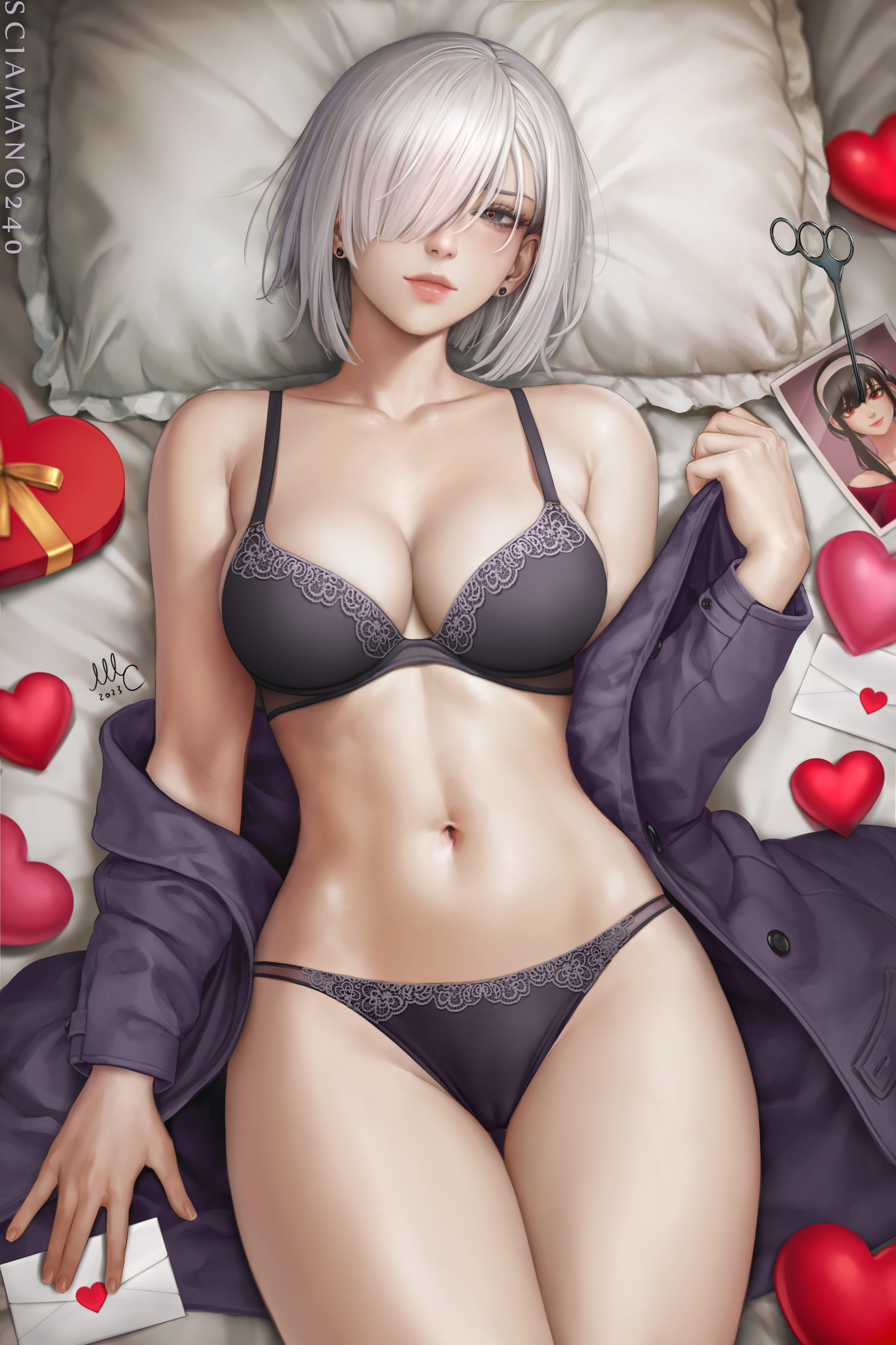 1girls, abs, artist name, bare shoulders, big breasts, black bra, black panties, box, bra, breasts, busty, cg, cleavage, collarbone, come hither, earrings, envelope, female, female torso, fiona frost, gift, gift box, grey eyes, hair over one eye, heart, heart-shaped pillow, holding, jacket, jewelry, large breasts, letter, lips, looking at viewer, love letter, lying, navel, off shoulder, on back, open clothes, open shirt, panties, photo (object), piercing, pillow, sciamano240, scissors, sensual, sexy, short hair, signature, smile, solo, spy x family, stomach, thighs, toned, underwear, white hair