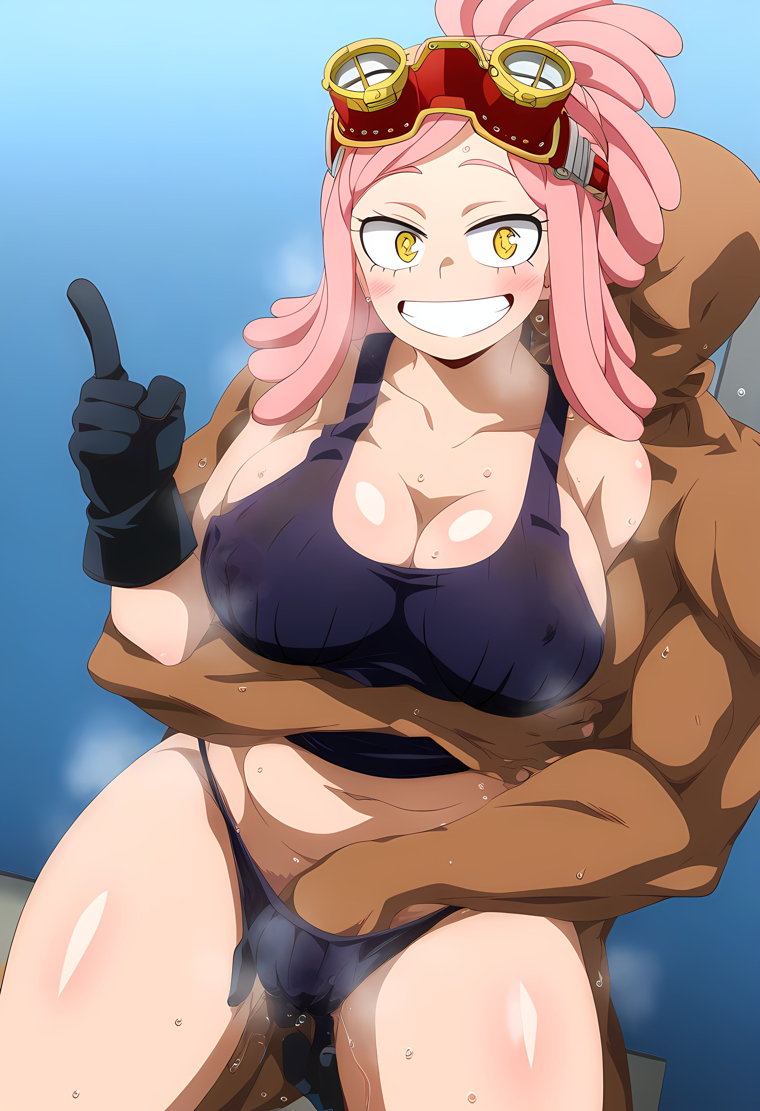 1boy, 1girls, ai generated, blush, boku no hero academia, breasts, dark skin, dark-skinned male, female, fingering, huge breasts, interracial, large breasts, male, mei hatsume, my hero academia, pink hair, pussy, smiling, steam, sweat, sweating, waifuperfection, wet pussy, yellow eyes