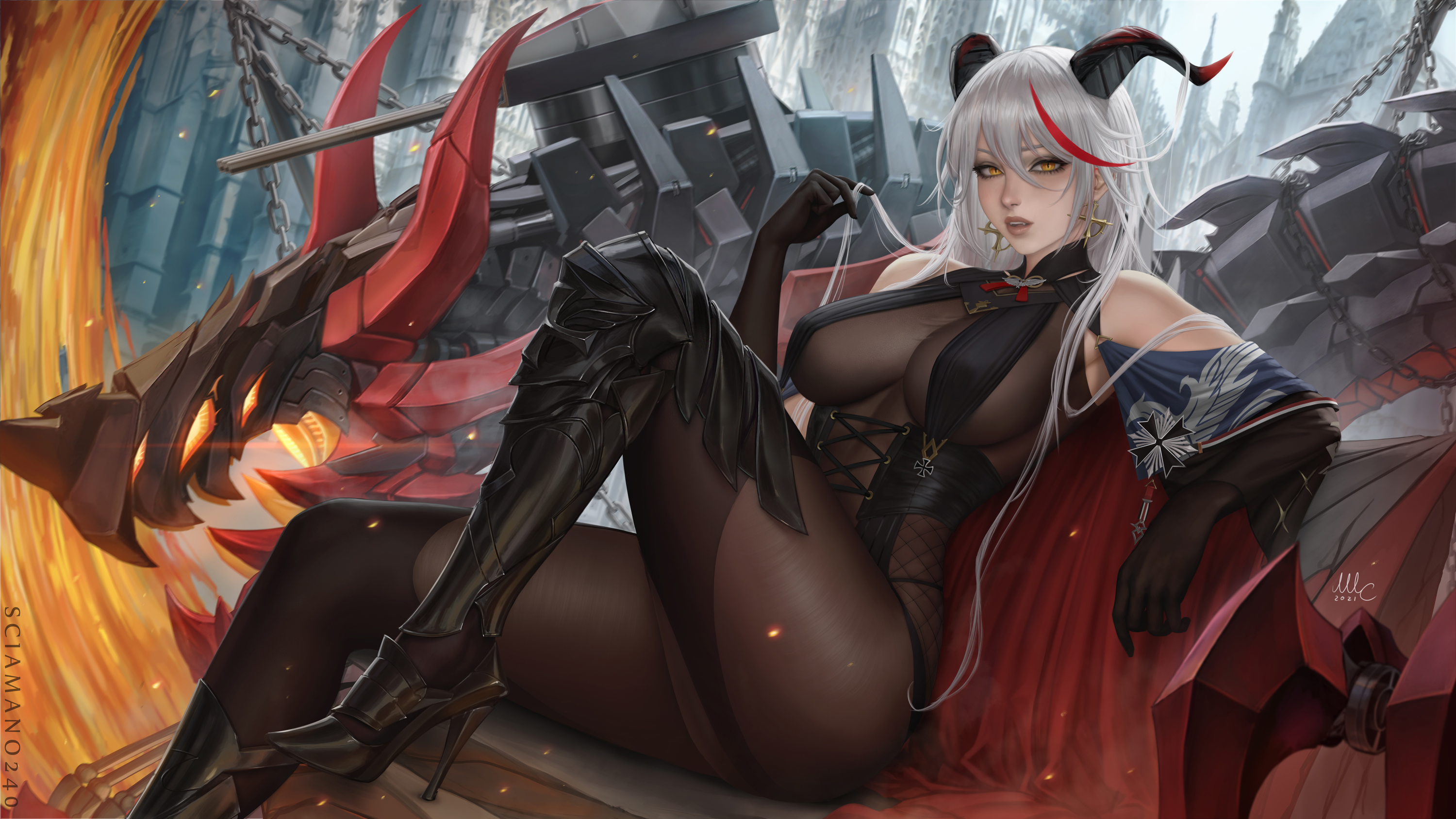 aegir (azur lane), armored boots, artist name, azur lane, bare shoulders, black cape, black footwear, black gloves, bodystocking, boots, breast curtains, breasts, cape, cg, chains, cross, cross earrings, cross-laced clothes, dragon horns, earrings, elbow gloves, female, gloves, hair between eyes, hair on horn, high heel boots, high heels, holding, horns, iron cross, jewelry, knee boots, large breasts, long hair, looking at viewer, multicolored hair, non-humanoid robot, red hair, rigging, robot, sciamano240, sitting, solo, streaked hair, thighs, turret, two-tone hair, underbust, white hair, yellow eyes