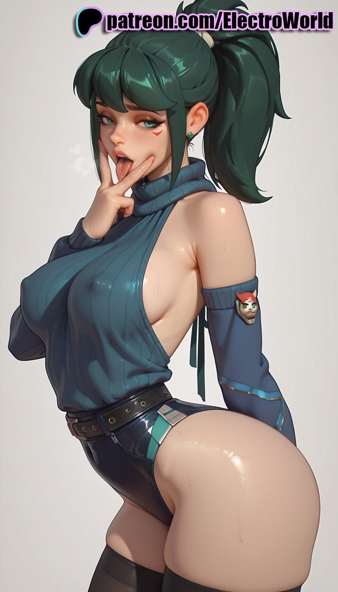 1girls, 2025, ai generated, artist name, ass, breasts, bust, chest, covered nipples, earrings, electroworld, female, green eyes, green hair, hi res, high quality, high resolution, highres, jewelry, kiriko (overwatch), kiriko kamori, overwatch, overwatch 2, overwatch league, patreon, patreon username, ponytail, sideboob, solo, sophomore kamori, stable diffusion, sweater, thighhighs, tongue, tongue out, watermark