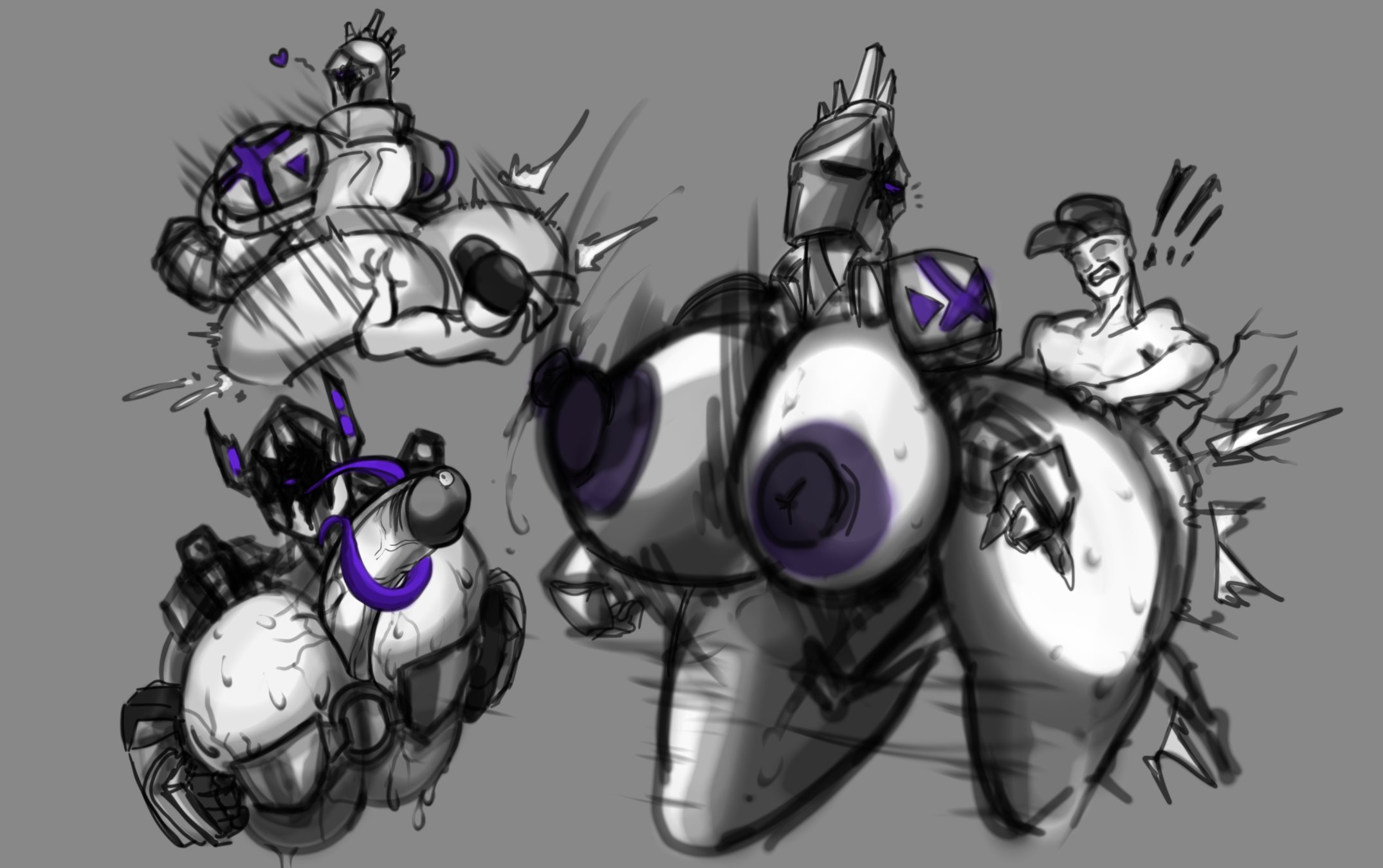 1boy, 2d, 2girls, against wall, areolae, ass, breasts, corrupted golden juggernaut (tdx), erect nipples, female, ggez2341, golden juggernaut (tdx), male, monochrome, nipples, penis, precum, purple areola, ranger (tdx), roblox, roblox game, robloxian, tagme, thighs, tounge, tower defense x
