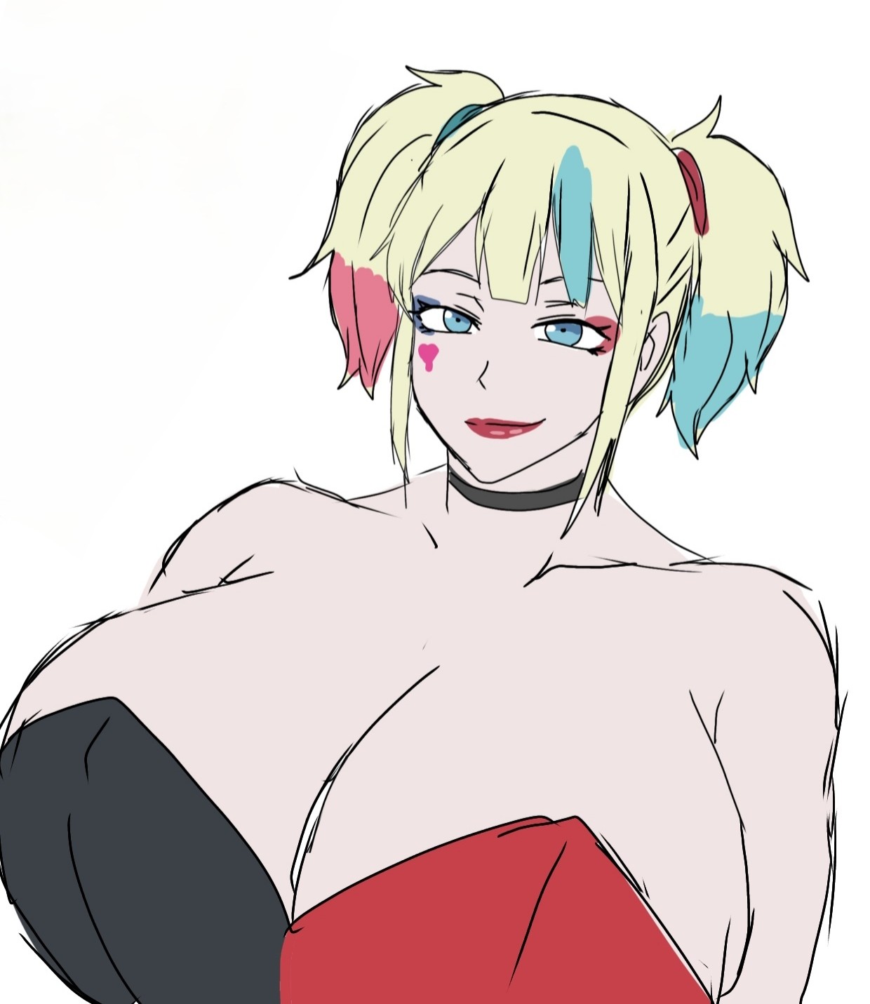 1girls, 2d, 2d (artwork), alternate body type, alternate breast size, bare shoulders, big breasts, blonde hair, blonde-haired female, blue eyes, blue-eyed female, breasts, breasts bigger than head, busty, busty female, choker, clown, clown girl, curvy, curvy body, curvy female, curvy figure, dc, dc comics, digital drawing (artwork), digital media (artwork), female, female focus, female only, harley quinn, huge breasts, kissable lips, large breasts, mature, mature woman, momiji (artist), pale skin, pale skinned female, red lips, simple background, solo, solo female, solo focus, suicide squad isekai, twintails, upper body, white background