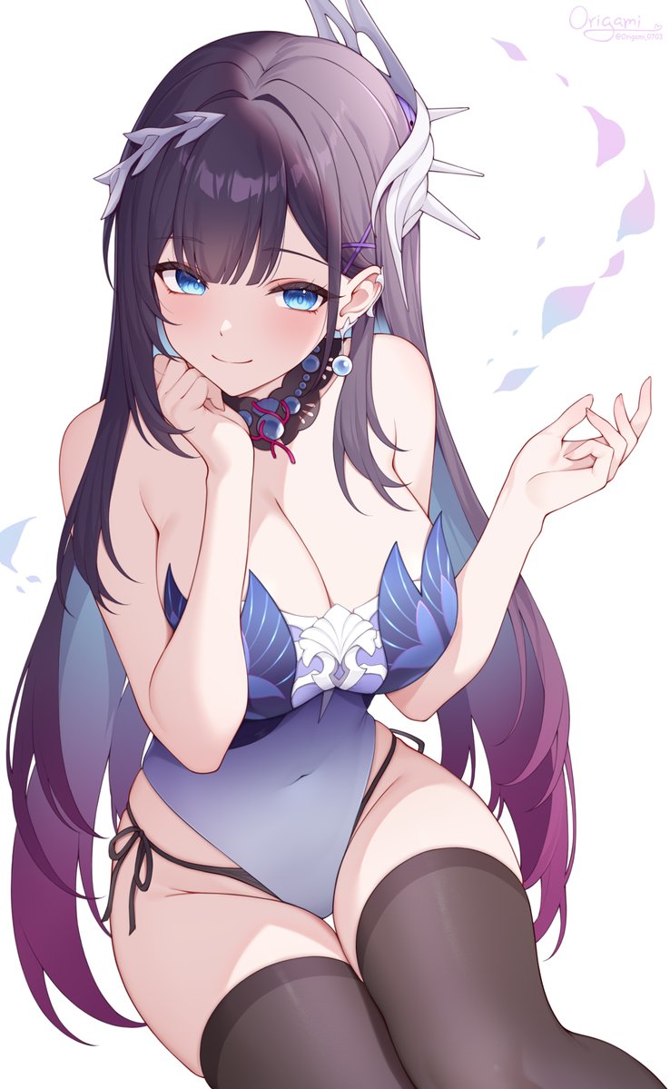 1girls, black hair, black thighhighs, blue eyes, blue leotard, female, honkai: star rail, hysilens (honkai: star rail), leotard, long hair, origami0703, thighhighs, white background