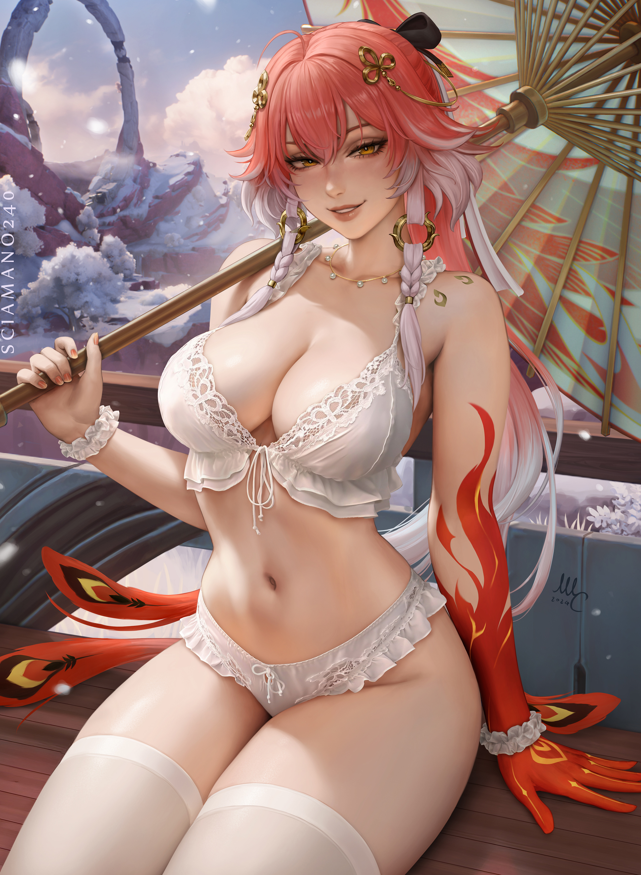 artist name, bare shoulders, bikini, bra, braid, breasts, cg, changli (wuthering waves), cleavage, collarbone, female, gradient hair, hair ornament, holding, holding umbrella, jewelry, large breasts, long hair, looking at viewer, multicolored hair, navel, necklace, oil-paper umbrella, panties, parted lips, patreon username, pink hair, ponytail, red hair, sciamano240, sitting, smile, snow, solo, stomach, swimsuit, thighhighs, thighs, umbrella, underwear, very long hair, white bra, white hair, white panties, white thighhighs, wuthering waves, yellow eyes