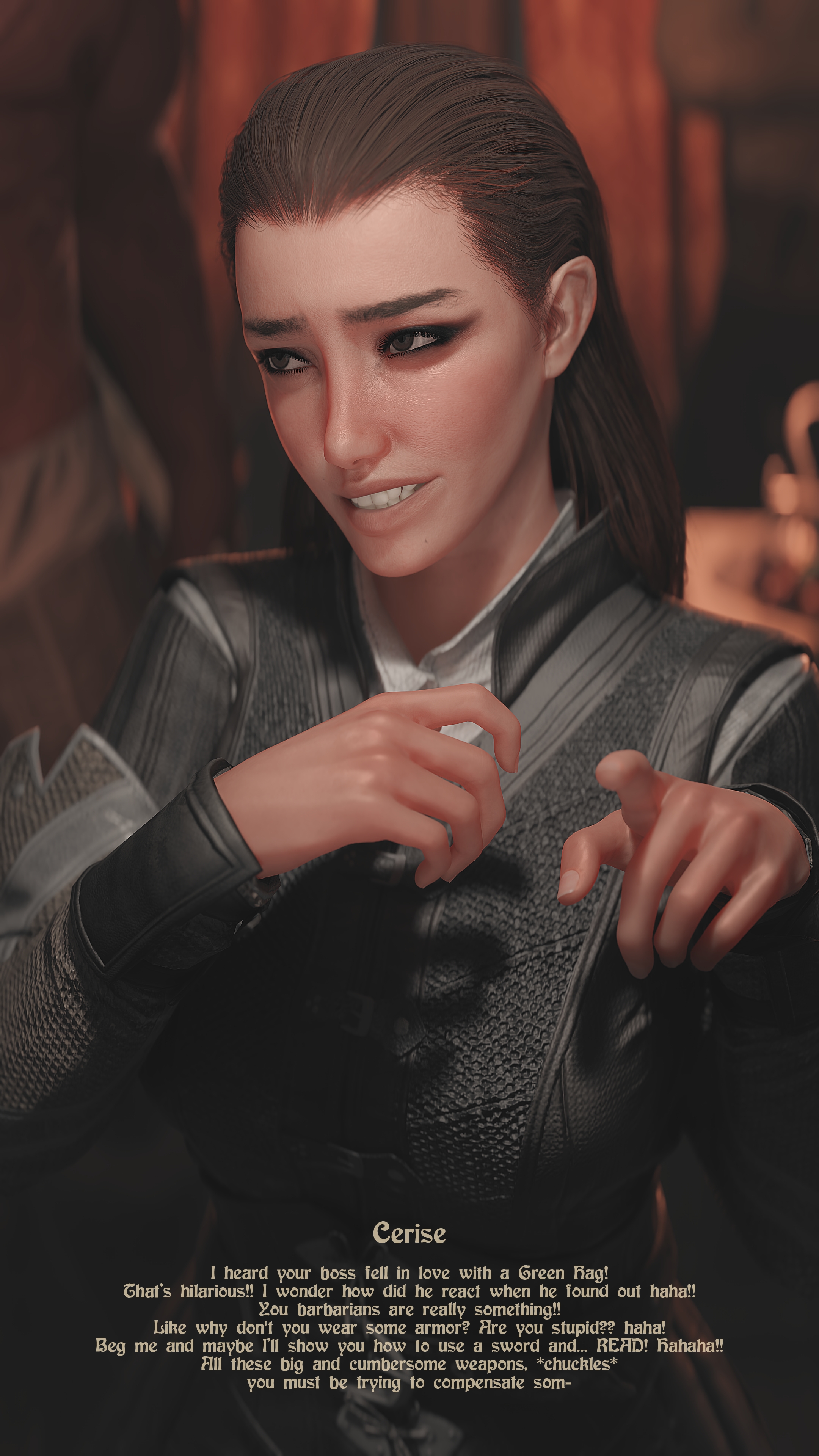 1boy, 1girls, 3d, 3d (artwork), baldur's gate, baldur's gate 3, barbarian, brat, brown hair, cerise (bg3), clothed, clothing, female, female focus, human, imminent sex, larger male, laugh, male, mocking, ragebait, smaller female, zmsfm