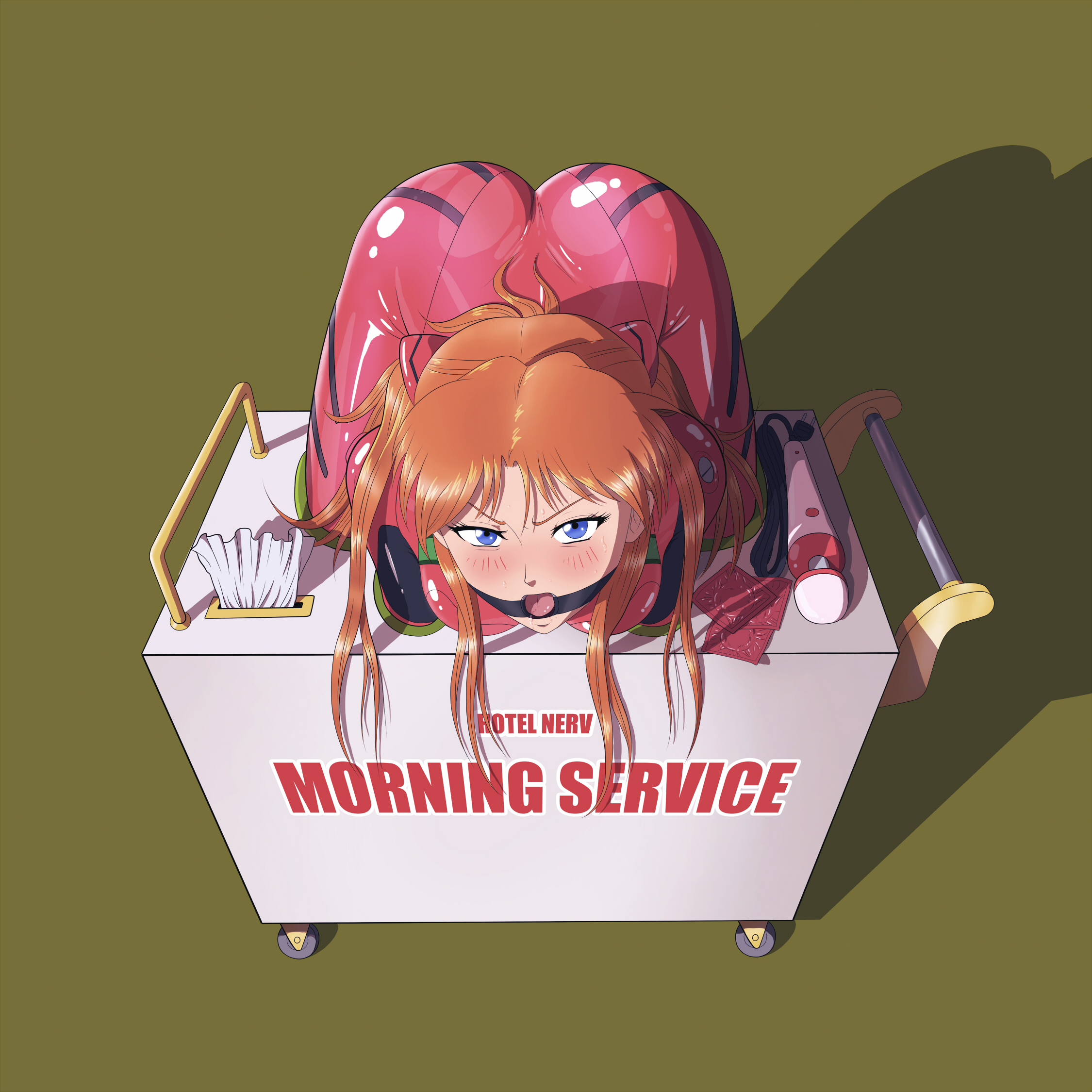 1girls, 2d, ass, ass up, asuka langley, asuka langley sohryu, blue hair, blush, bodysuit, bondage, bound, box, box restrained, breasts, brown eyes, condom, condom wrapper, female, female focus, female only, femsub, fully clothed, gag, gagged, in box, in container, mecha pilot suit, medium breasts, neon genesis evangelion, open mouth, open mouth gag, plugsuit, plugsuit (evangelion), public use, red eyes, reptileye, restrained, ring gag, service station, shiny clothes, short hair, skin tight, solo, stuck, tight clothing, tissue, tissue box