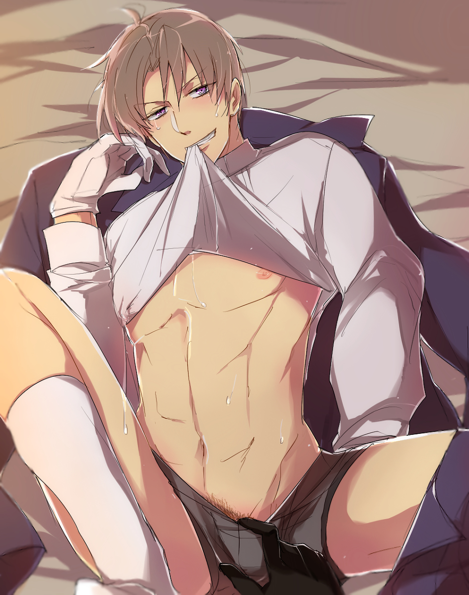 2boys blush brown_hair bulge gloves heshikiri_hasebe male_only multiple_boys naughty_face pubic_hair pubic_hair_peek purple_eyes shokudaikiri_mitsutada socks sweat touken_ranbu underwear undressing yaoi