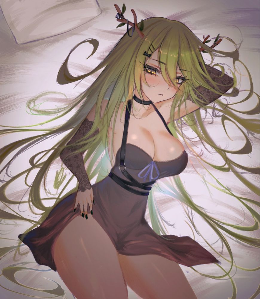 1girls, adult, adult female, arm behind head, armpits, black choker, black clothes, black dress, black fingernails, black legwear, black nail polish, black nails, black outfit, black pantyhose, black sleeves, black stockings, black tights, black topwear, blank expression, blank eyes, blank stare, branch horns, breasts, busty, busty female, ceres fauna, choker, cleavage, clothes, collarbone, digital, digital art, digital drawing, digital drawing (artwork), digital media, digital media (artwork), dress, elbows, emotionless, eyebrows visible through hair, female, female focus, female only, fingernails, fingers, green hair, green-haired female, hair between eyes, hair clip, hair clips, hairclip, hairclips, hand behind head, high resolution, highres, hololive, hololive english, hololive english -council-, hololive english -promise-, hourglass figure, large breasts, lean figure, legwear, long hair, looking at viewer, lying, lying down, lying on bed, lying on side, mature, mature female, nail polish, nails, narrow waist, neutral expression, on side, outfit, pantyhose, parted lips, s7nsles, shoulders, simple background, sitting, sleeves, slender body, slender waist, slim waist, solo, stockings, thick thighs, thighs, tights, topwear, upper body, very long hair, very long-haired female, virtual youtuber, vtuber, vtuberfanart, white background, wide hips, yellow eyes, yellow-eyed female