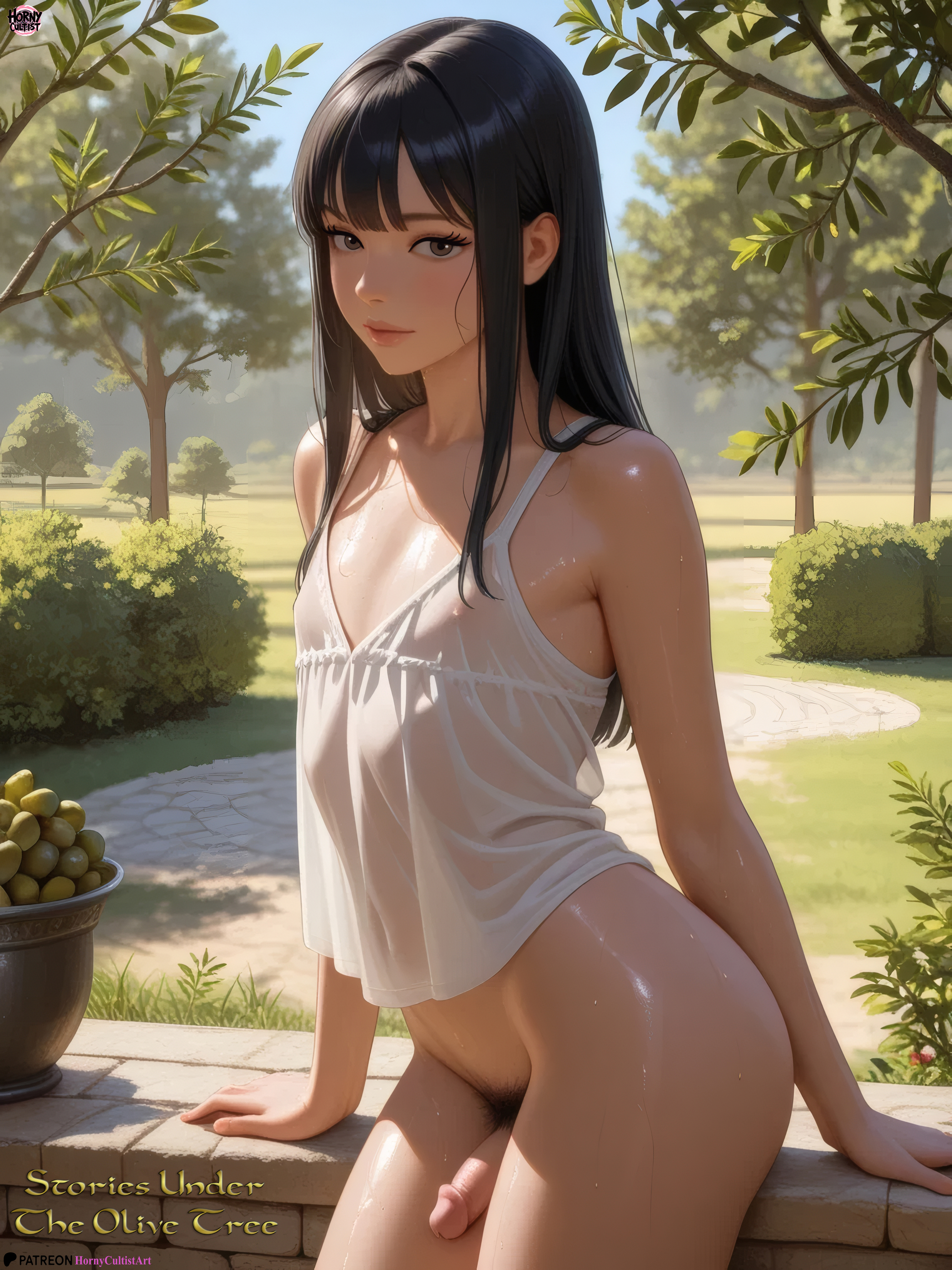 ai generated, bottomless, cute, femboy, flat chest, garden, horny cultist artist, male, patreon, penis, pubic hair, solo femboy, transparent clothing, trap