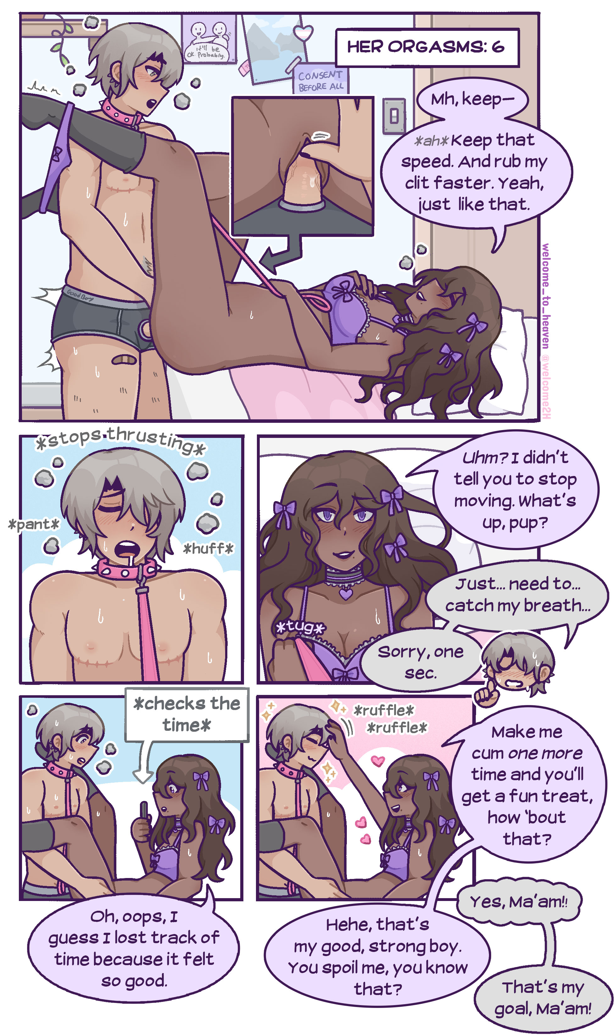 1boy, 1girls, bandaid, beauty mark, bed, bedroom, bottomless, bow, brown hair, checking phone, choker, clitoral stimulation, clitoris, closed eyes, collar, dark-skinned female, dark-skinned sub, dominant female, drooling, dual pov, ear piercing, exhausted, female, femdom, flushed face, gentle femdom, giver pov, good boy, gray eyes, gray hair, hand on head, headpat, heart, hearts around body, hearts around head, indoors, interracial, interracial sex, leash, leash pull, light-skinned top, lingerie, male, malesub, mastectomy scar, missionary position, missionary sex, mole, multiple orgasms, panties down, panting, partially clothed, petplay, petting, petting head, phone, purple eyes, pussy, repost, romantic ambiance, rubbing clitoris, ruffling hair, socks, soft femdom, sparkles, spiked collar, spread legs, straight, submissive male, surgery scars, taker pov, tan skin, top surgery scars, trans flag, trans man, transgender, transgender male, transgender pride colors, transmasc, tremble spikes, tugging leash, underwear, underwear only, uwu, welcome to heaven, wholesome, wholesome sex
