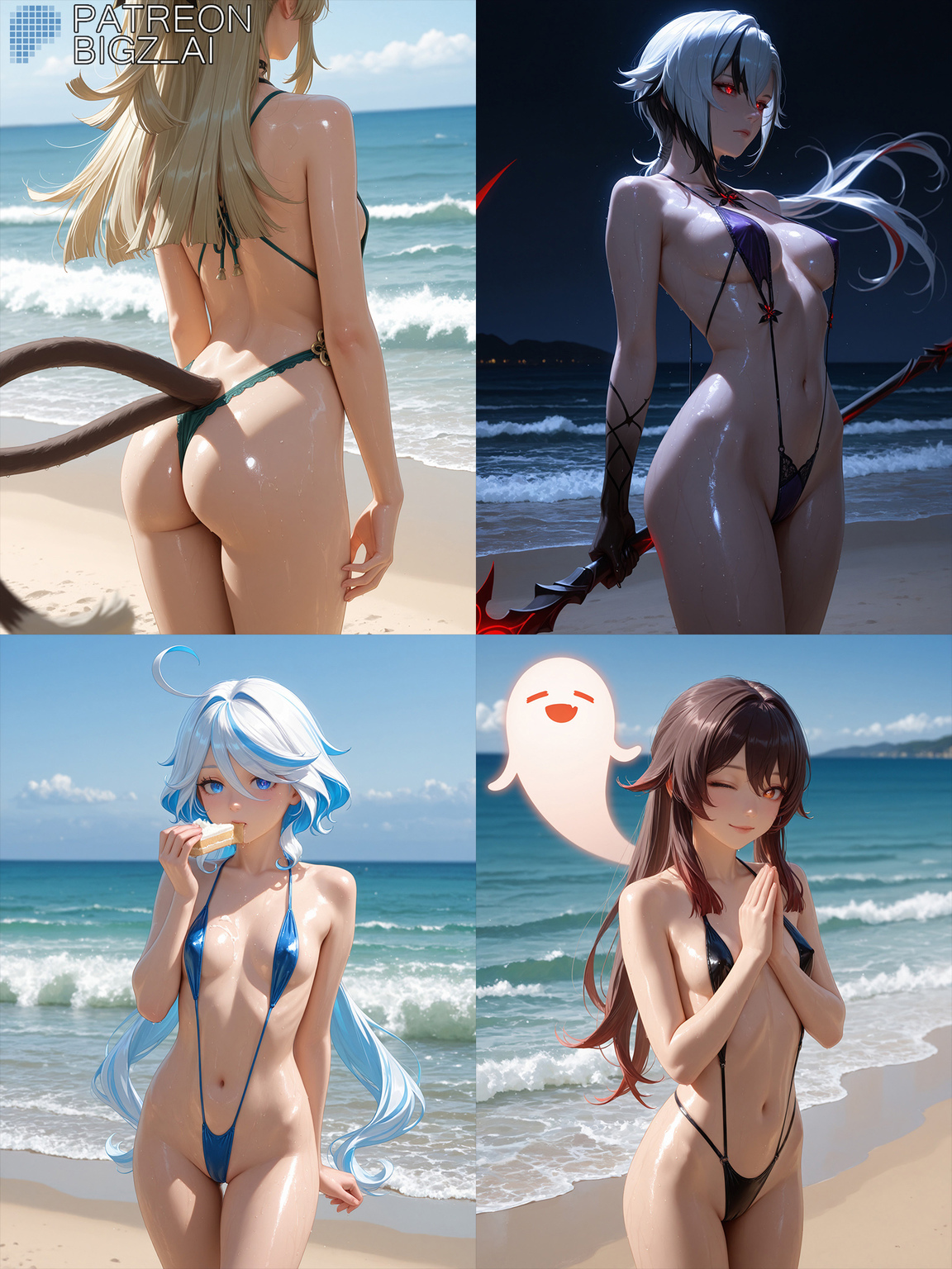 1girls, 2girls, 3girls, 4girls, ai generated, almost naked, almost nude, arlecchino (genshin impact), artist name, ass, beach, beach background, belly, belly button, big ass, big breasts, big butt, bigz ai, black hair, blonde hair, blue eyes, blue hair, blush, boo tao (genshin impact), bra, braid, breasts, cake, clothed, clothing, collar, curvy, curvy body, curvy figure, female, female focus, female only, furina (genshin impact), genshin impact, glowing, glowing eyes, hairclip, hips, hoyoverse, hu tao (genshin impact), kirara (genshin impact), large ass, large breasts, light skin, light-skinned female, long hair, looking at viewer, medium breasts, mihoyo, milf, multicolored hair, navel, night, nipple bulge, perfect body, red eyes, sand, sea, seaside, shiny, shiny breasts, shiny clothes, shiny skin, short hair, sling bikini, sling swimsuit, slingshot bikini, slingshot swimsuit, smile, smiling, smiling at viewer, swimsuit, swimwear, thick thighs, thighs, voluptuous, voluptuous female, weapon, wet, wet body, wet clothes, wet skin, white hair, wide hips