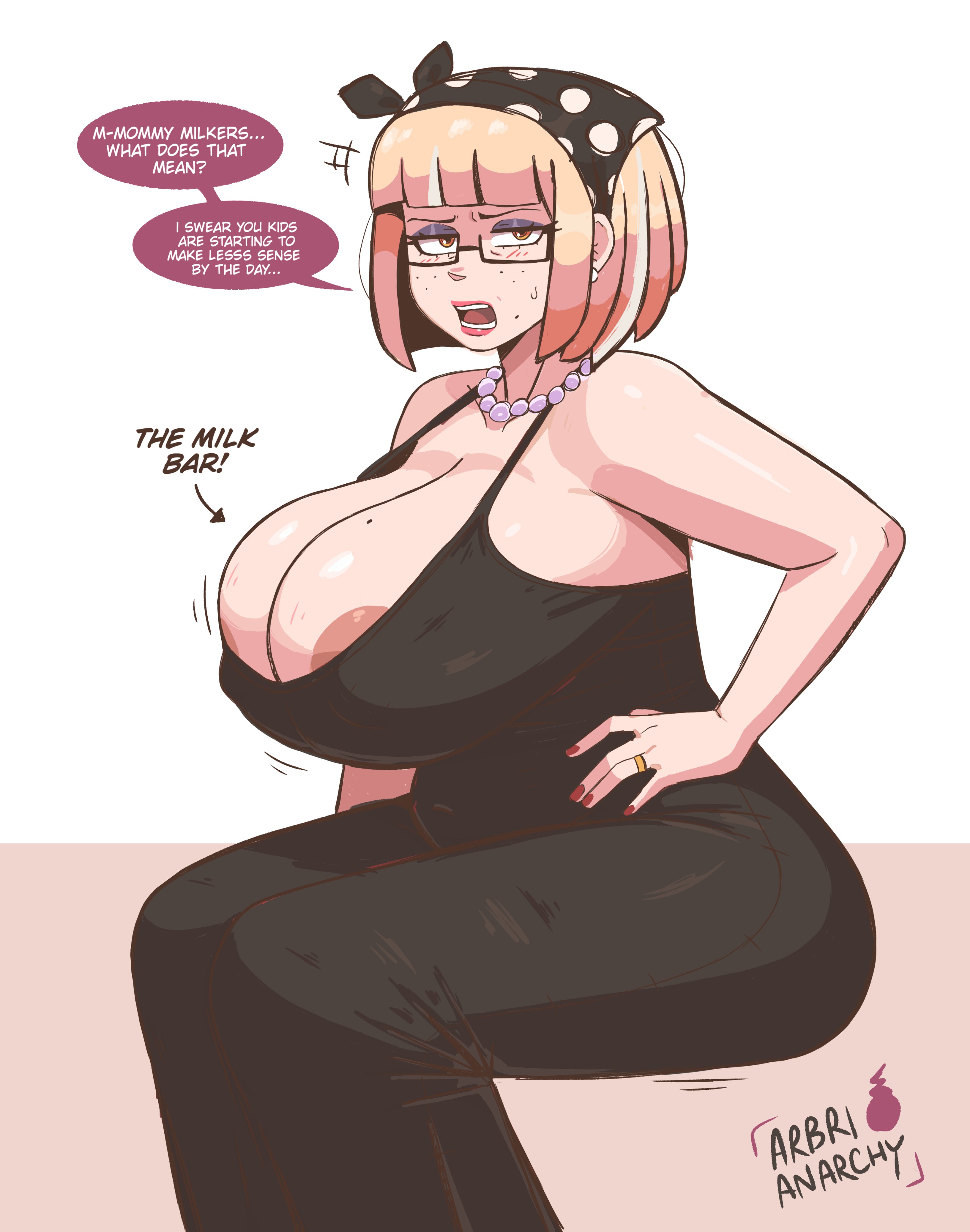 arbrianarchy, big breasts, blonde female, blonde hair, breasts, english dialogue, english text, female, glasses, milf, mommy milkers, oc, original character