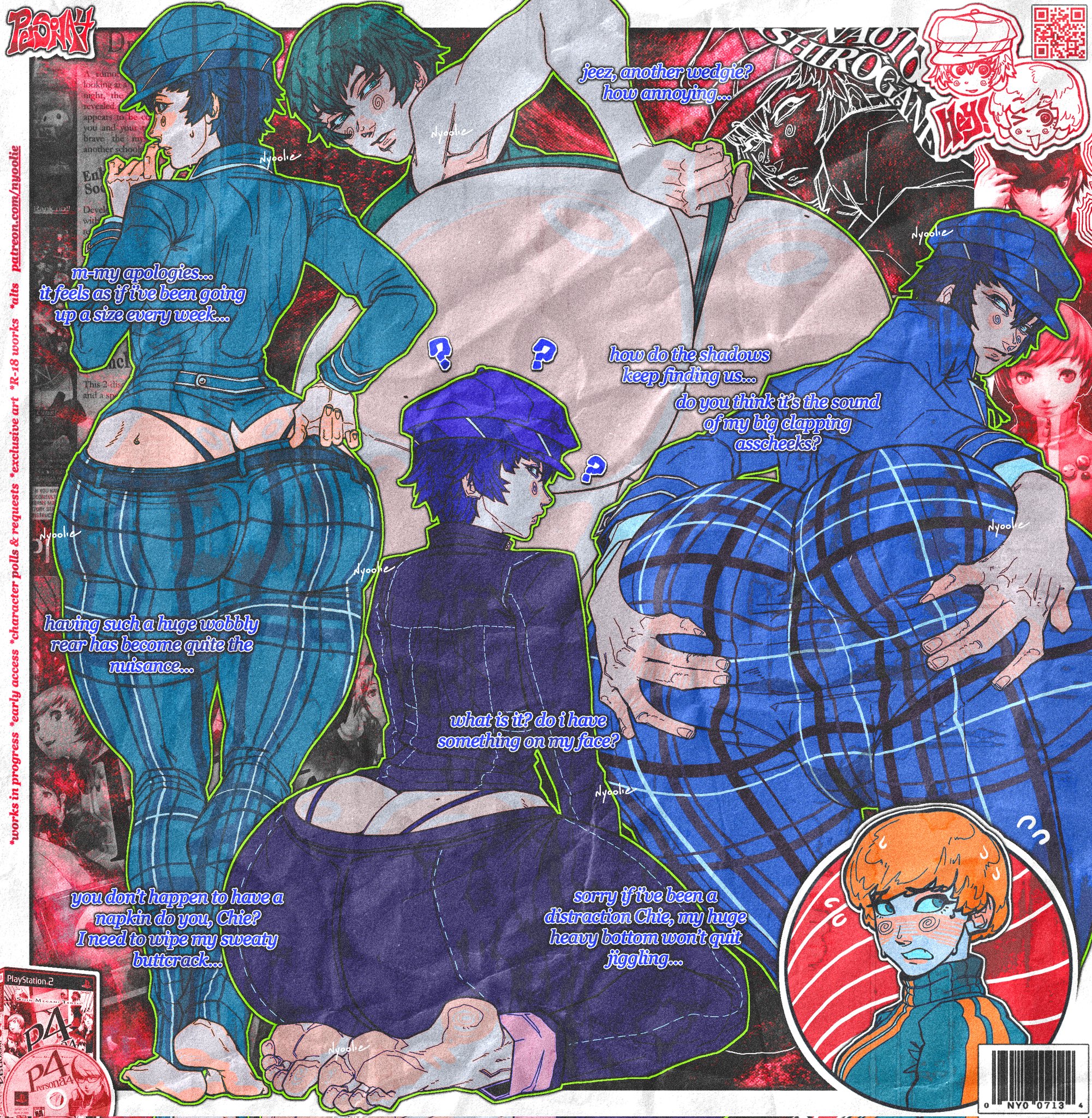 ?, 2025, 2girls, adjusting clothes, anus, anus outline, armpits, artist name, ass, ass grab, ass size talk, averting eyes, back view, barefoot, bending forward, bending over, bent over, big ass, big breasts, blue hair, blush, breasts, busty, character name, clothed, clothed female, clothing, copyright name, curvaceous, curvy, deep skin, dirty talk, duo, embarrassed, english text, feet, female, female/female, fully clothed, genitals, ginger, grabbing, grabbing ass, grabbing own ass, hair, hands on ass, hat, headwear, hi res, hourglass figure, human, human only, kneeling, large ass, large breasts, light skin, light-skinned female, looking at viewer, looking back, looking back at viewer, medium hair, mole, mole on ass, naoto shirogane, nervous, nervous sweat, nyoolie, orange hair, panties, persona, persona 4, presenting, presenting hindquarters, red hair, satonaka chie, shirogane naoto, short hair, signature, sitting, size talk, soles, solo focus, spread anus, spread ass, spreading, standing, sweat (phrase), text, thick thighs, thighs, toes, wedgie, whale tail (clothing), wide hips, yuri