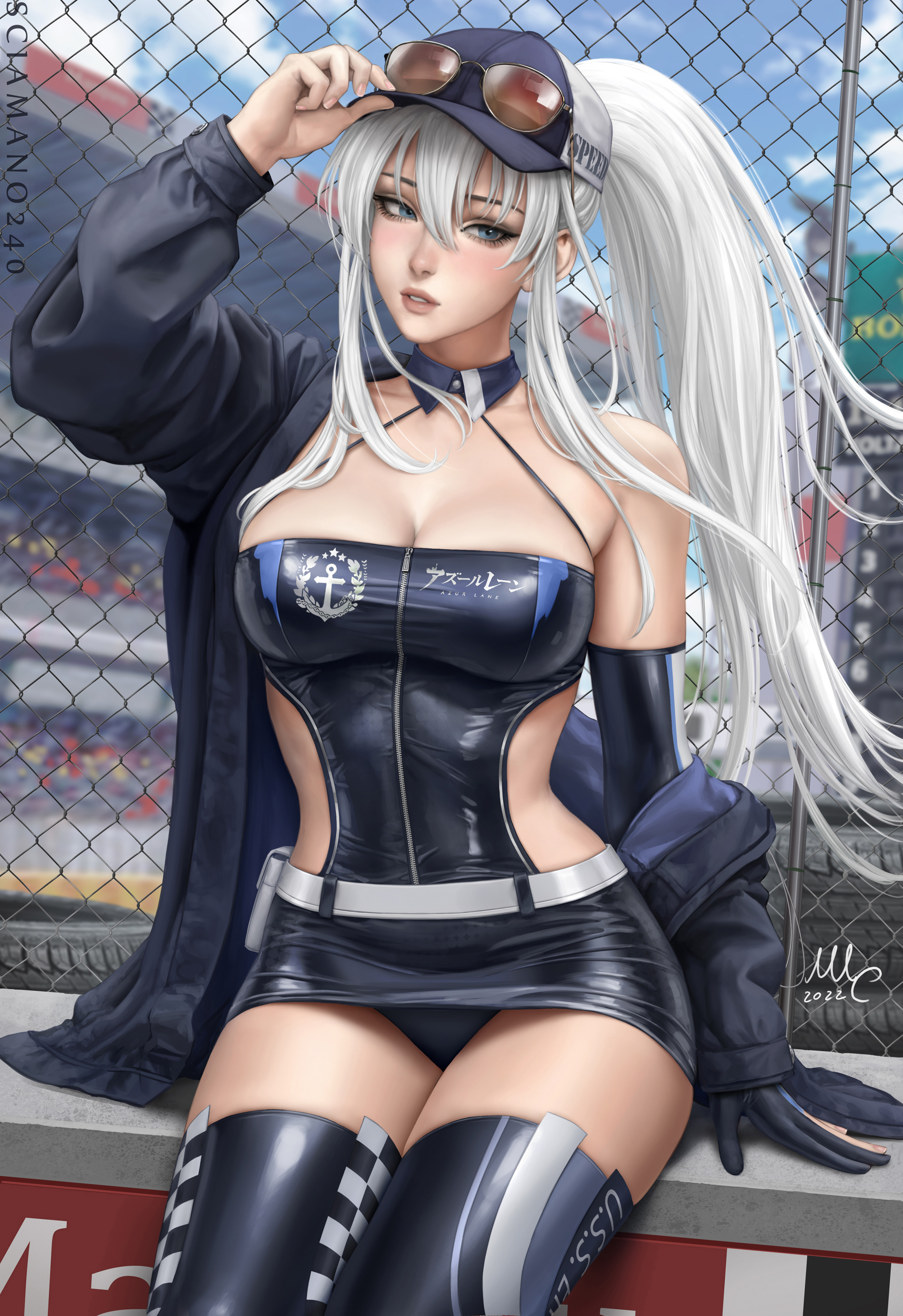 artist name, azur lane, bare shoulders, baseball cap, belt, black gloves, black thighhighs, blue eyes, breasts, cg, chain-link fence, cleavage, elbow gloves, enterprise (azur lane), enterprise (wind catcher) (azur lane), eyewear on head, eyewear on headwear, female, fence, gloves, grey eyes, hair through headwear, halterneck, hat, jacket, large breasts, lips, long hair, looking at viewer, off shoulder, official alternate costume, open clothes, outdoors, panties, pantyshot, parted lips, partially fingerless gloves, ponytail, race queen, sciamano240, signature, single elbow glove, single fingerless glove, single glove, sitting, skirt, solo, sunglasses, thighhighs, underwear, white belt, white hair