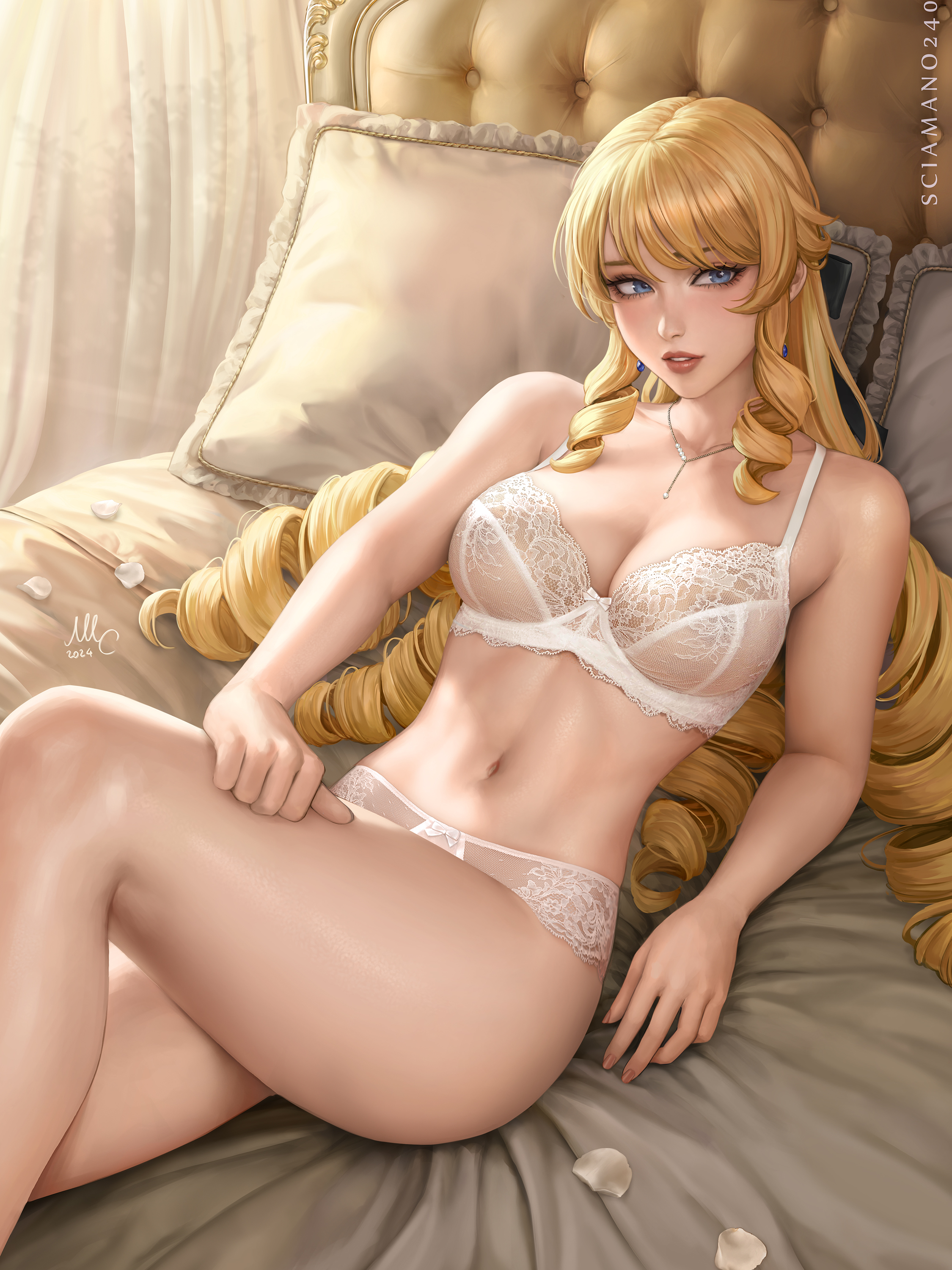 artist name, bare shoulders, bed, blonde hair, blue eyes, bra, breasts, cg, cleavage, drill hair, drill sidelocks, earrings, female, genshin impact, indoors, jewelry, lace-trimmed bra, large breasts, lingerie, long hair, looking at viewer, lying, medium breasts, navel, navia (genshin impact), necklace, on bed, panties, parted lips, petals, pillow, sciamano240, sidelocks, solo, stomach, thighs, underwear, underwear only, white bra, white panties