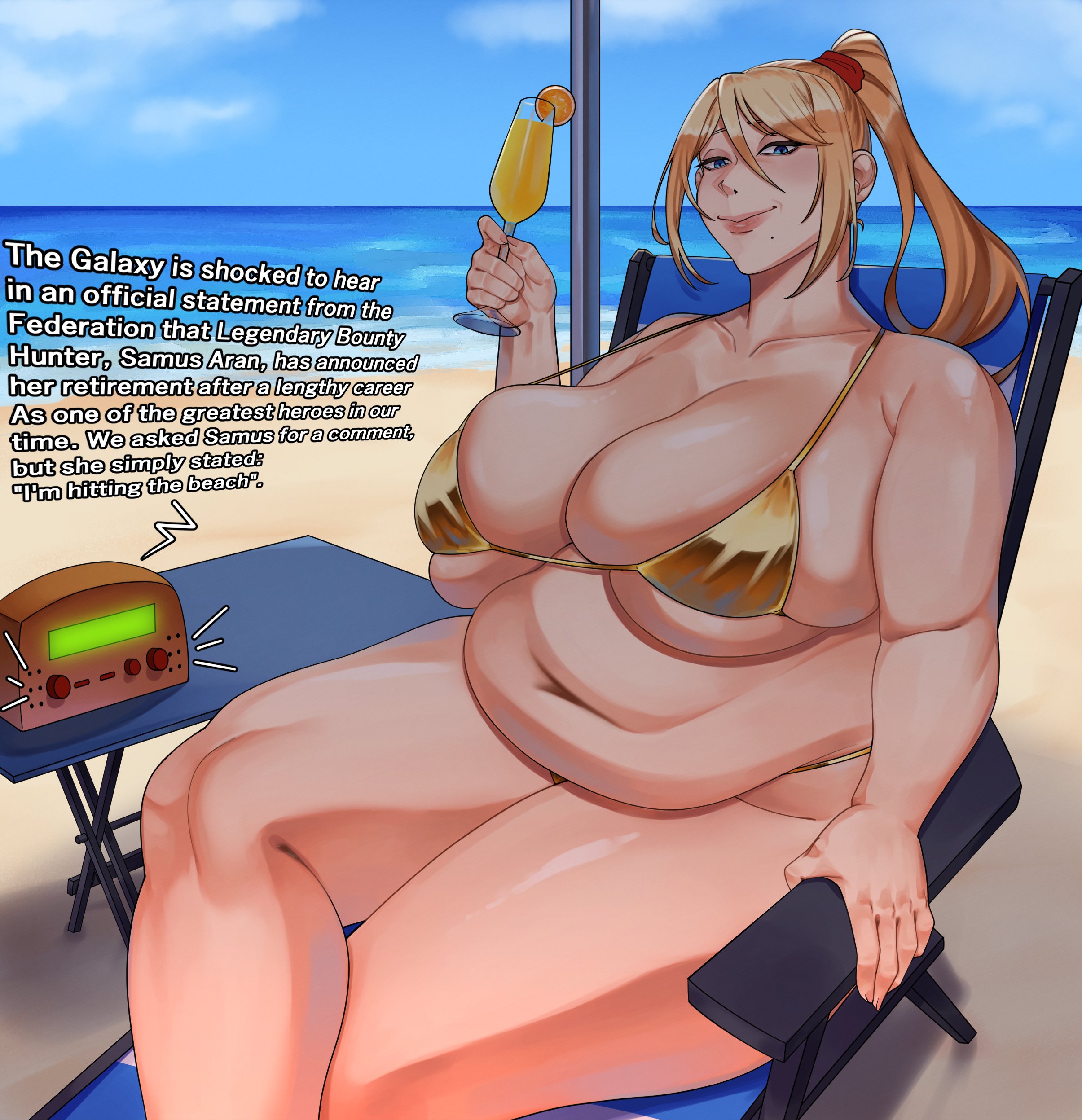 1girls, beach, chubby, chubby female, fat, female, metroid, nintendo, samus aran, strongmoist, voluptuous, voluptuous female