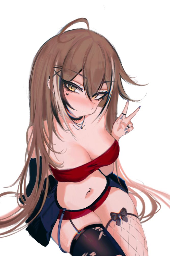 1girls, ahoge, antenna hair, bare belly, bare chest, bare hands, bare midriff, bare navel, bare shoulders, bare skin, belly, belly button, belly button piercing, blank expression, blank eyes, blank stare, blue fingernails, blue nail polish, blue nails, breasts, brown eyebrows, brown eyes, brown hair, brown-eyed female, brown-haired female, choker, cleavage, curvaceous, curvaceous body, curvaceous female, curvaceous figure, curvaceous hips, curvaceous thighs, curvy, curvy body, curvy female, curvy figure, curvy hips, curvy thighs, digital, digital art, digital drawing, digital drawing (artwork), digital media, digital media (artwork), emotionless, exposed belly, exposed chest, exposed midriff, exposed navel, exposed shoulders, exposed skin, eyebrows visible through hair, female, female focus, female only, fingernails, fingers, hair between eyes, hair clip, hair clips, hairclip, hairclips, head tilt, high resolution, highres, hololive, hololive english, hololive english -council-, hololive english -promise-, hourglass figure, lean figure, long hair, looking at viewer, looking up, looking up at viewer, medium breasts, midriff, nail polish, nails, nanashi mumei, narrow waist, navel, navel piercing, navel piercings, necklace, neutral expression, peace sign, pierced belly button, pierced navel, s7nsles, shoulders, sign, simple background, sitting, slender body, slender waist, slim waist, solo, thick thighs, thighs, tilted head, upper body, v, v sign, virtual youtuber, white background, wide hips