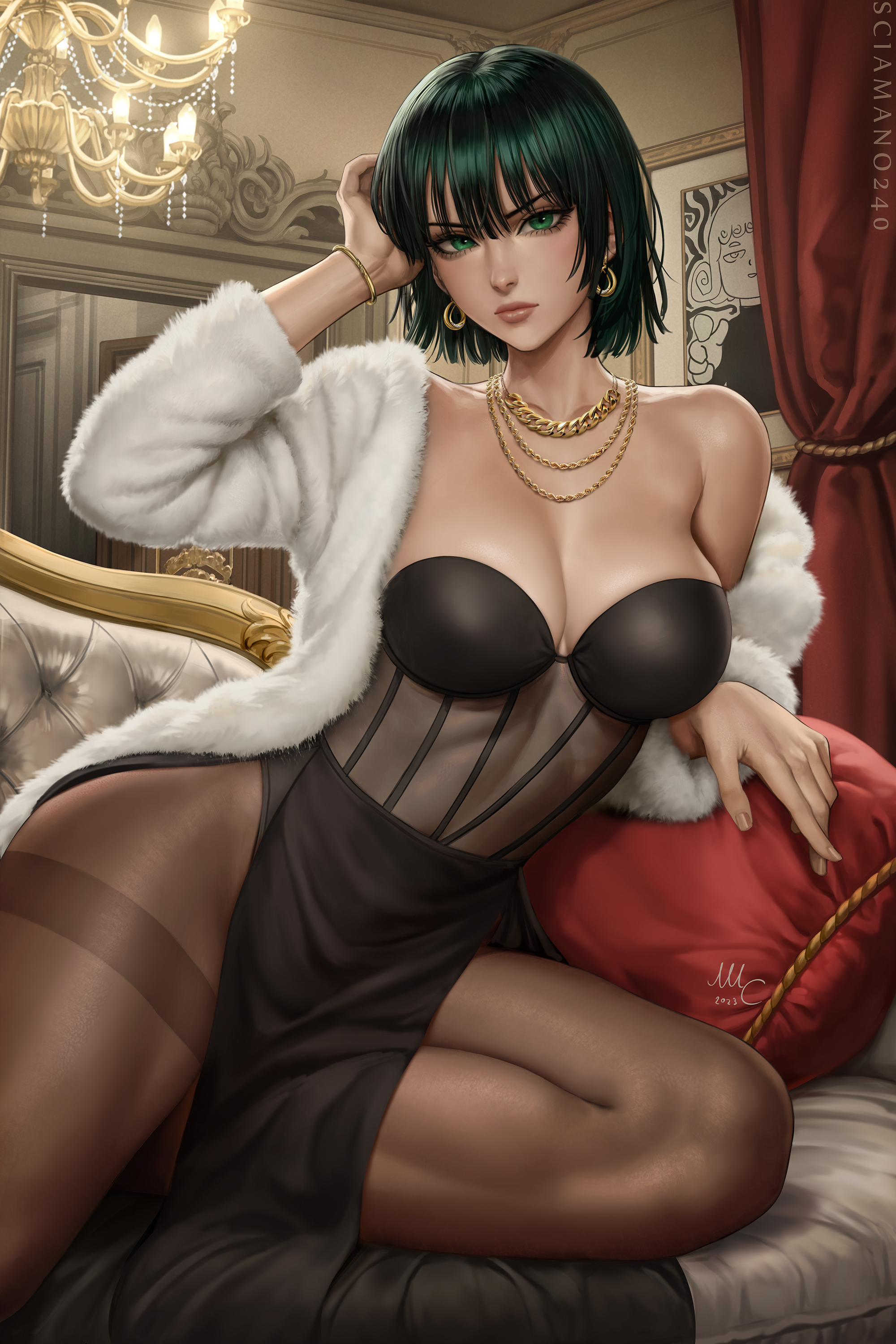 artist name, bare shoulders, black dress, black hair, black pantyhose, bracelet, breasts, brown pantyhose, cg, cleavage, closed mouth, coat, collarbone, couch, dress, earrings, female, fubuki (one-punch man), fur coat, green eyes, green hair, hoop earrings, indoors, jacket, jewelry, large breasts, lips, long sleeves, looking at viewer, necklace, nose, off shoulder, one-punch man, open clothes, open coat, pantyhose, patreon username, pearl necklace, pillow, sciamano240, see-through, short hair, signature, sitting, solo, strapless, thighband pantyhose, thighs, web address, white coat, white jacket