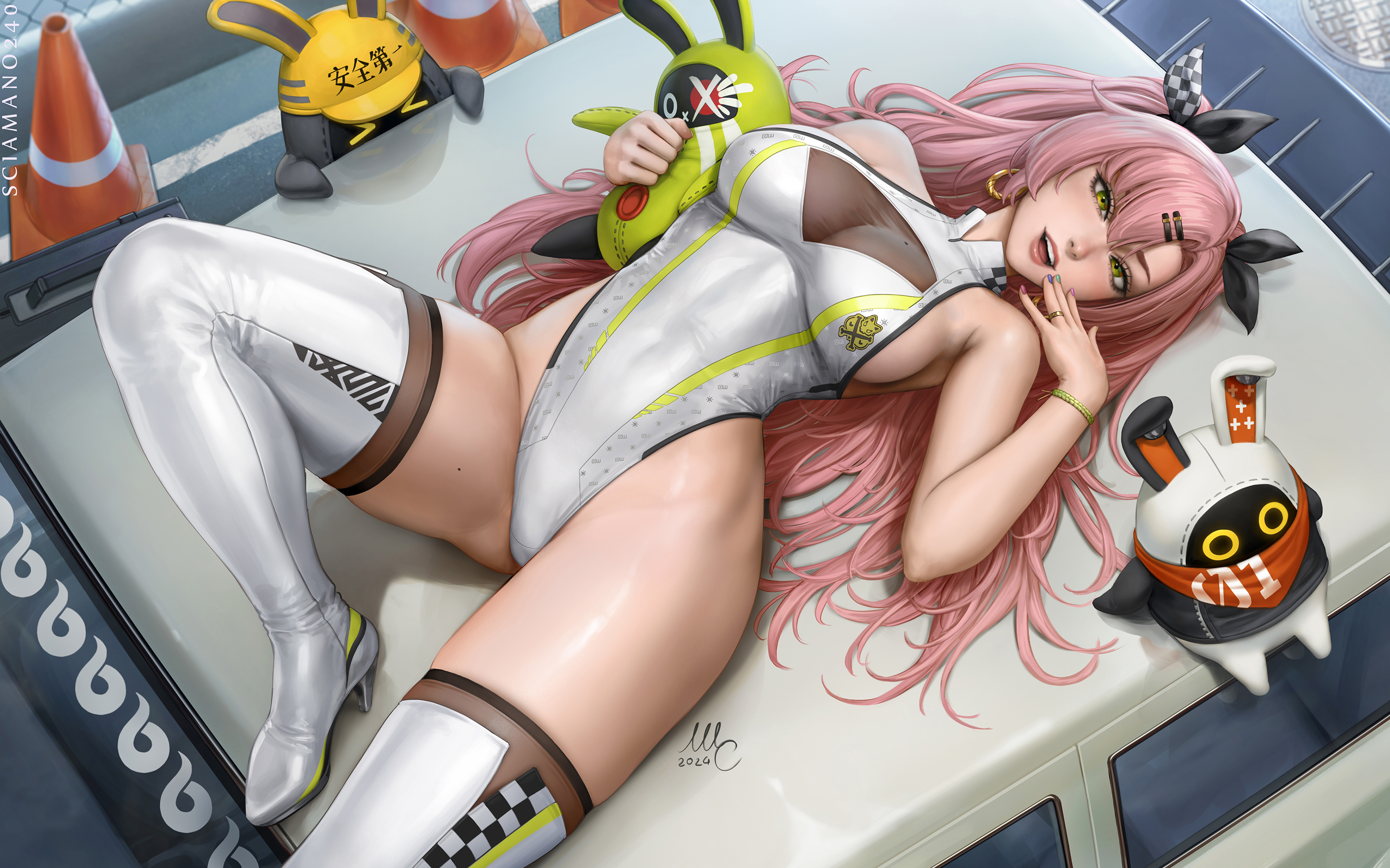 alternate costume, artist name, bare shoulders, black ribbon, boots, breasts, car, cg, cleavage, clothing cutout, earrings, female, green eyes, hair ornament, hair ribbon, hairclip, heart earrings, high heel boots, high heels, highleg, highleg leotard, holding, jewelry, large breasts, leotard, lips, long hair, looking at viewer, lying, mole, mole on breast, mole on thigh, motor vehicle, nail polish, nicole demara, on back, open mouth, parted lips, pink hair, pink lips, race queen, race vehicle, racecar, sciamano240, solo, thigh boots, thighhighs, thighs, traffic cone, two side up, very long hair, white footwear, white leotard, yellow eyes, zenless zone zero
